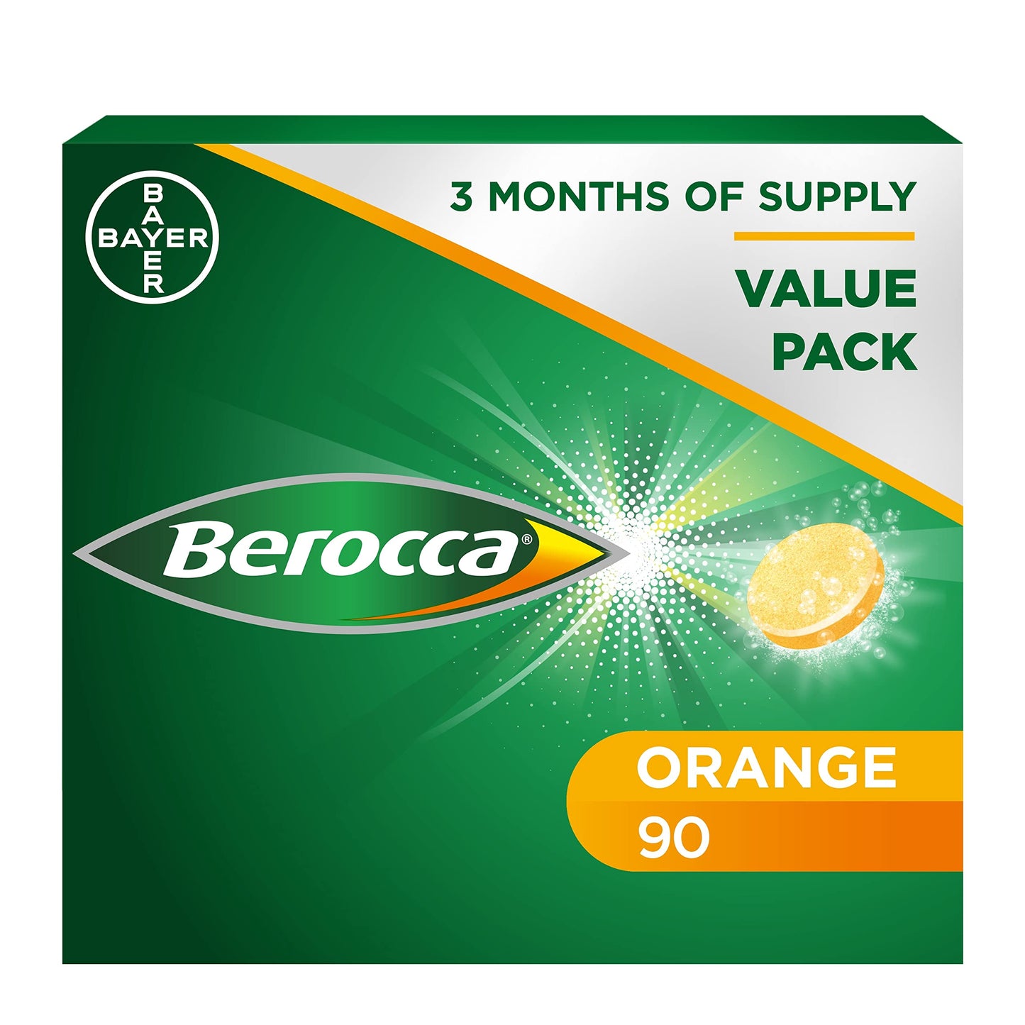 Berocca Vitamin C Effervescent Tablets, with Magnesium, Vitamin B12 & Vitamin B Complex, Orange Flavour, 1 Pack of 90 Tablets - 12 Weeks Supply