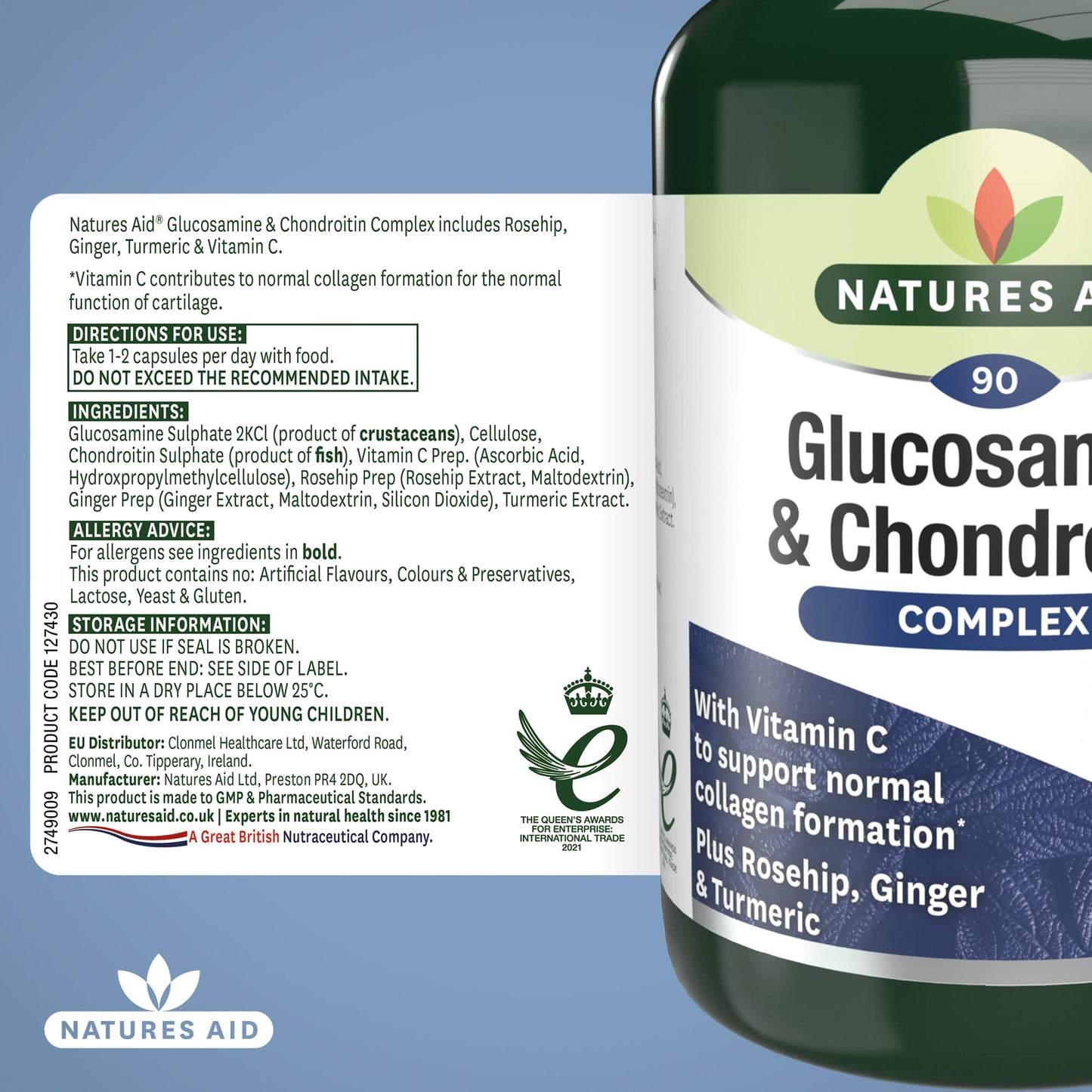 Natures Aid Glucosamine and Chondroitin Complex with Rosehip, Ginger, Turmeric and Vitamin C, 90 Capsules