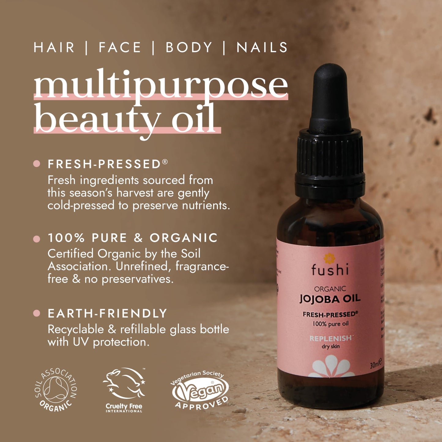 Fushi Organic Jojoba Oil 30ml Best for Skin Cleansing, Dry Skin & Dry Hair Fresh-Pressed Rich in Vitamin E Hypoallergenic Oil Ethical & Vegan Society Approved Manufactured in the UK