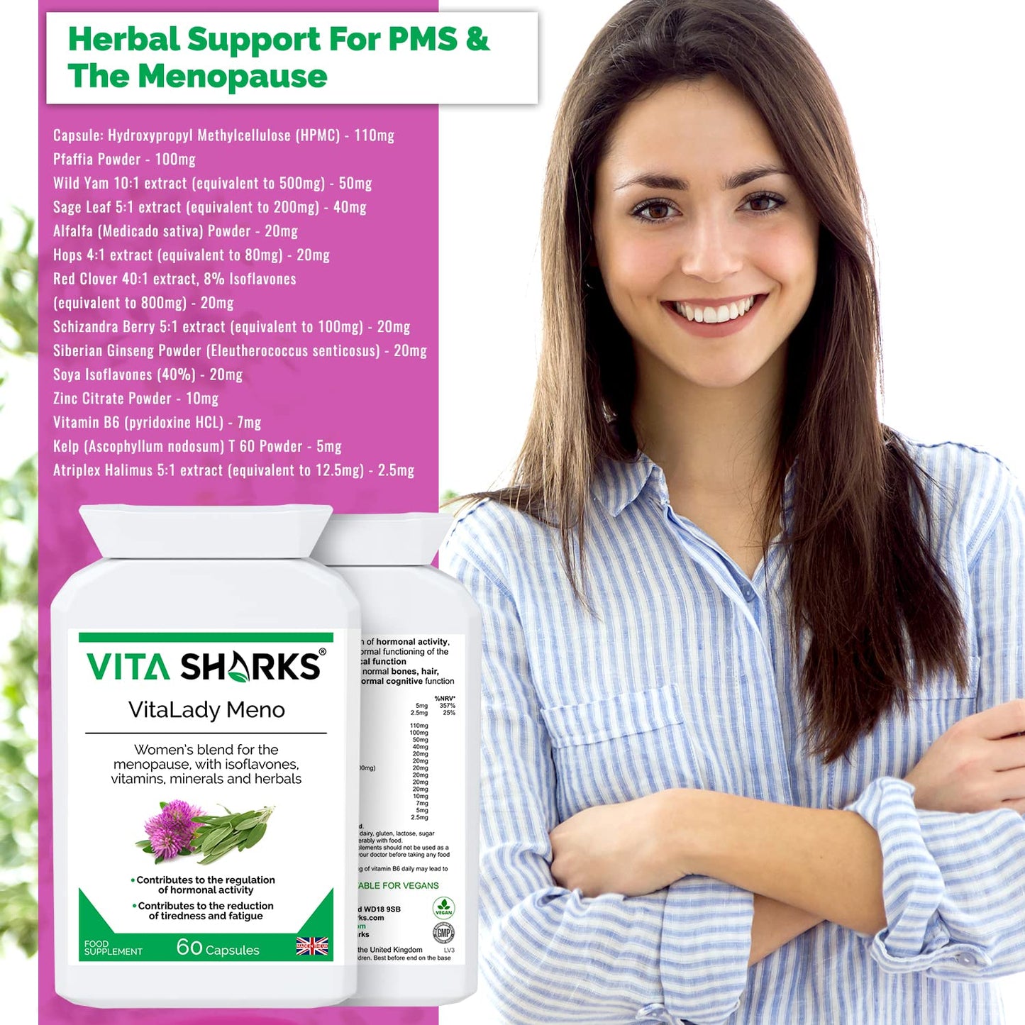 Vita Sharks VitaLady Meno for Natural Relief & Support of Menopause Symptoms & Hot Flashes, with 13 Potent Kosher Vegan Herbal Ingredients Including B6, Zinc & Isoflavones