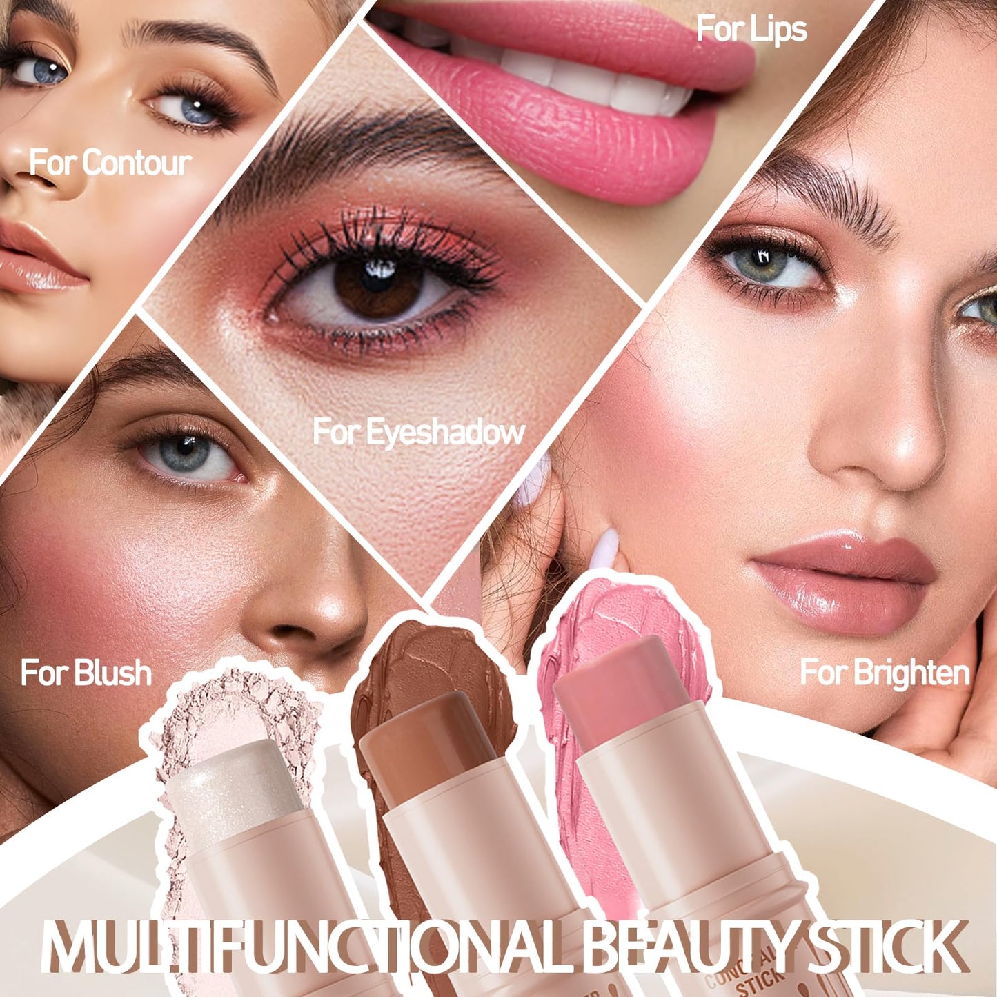 Ceboic 3Pcs Contour Highlighter Blush Stick, Bronzer Beauty Wand with Brush, Waterproof Long Lasting Cream Concealer for Sculpt the Cheeks, Lightweight Smooth Face Makeup Contouring Stick Set for All Skin