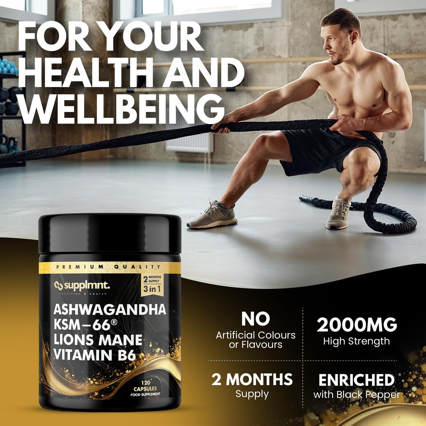 supplmnt. Ashwagandha KSM-66, Lions Mane & Vitamin B6 Capsules - High Strength 2000mg KSM-66 Ashwaghandha Root Extract & Lions Mane Mushroom with Vitamin B6 2-120 Vegan Capsules with Black Pepper - 2 Months