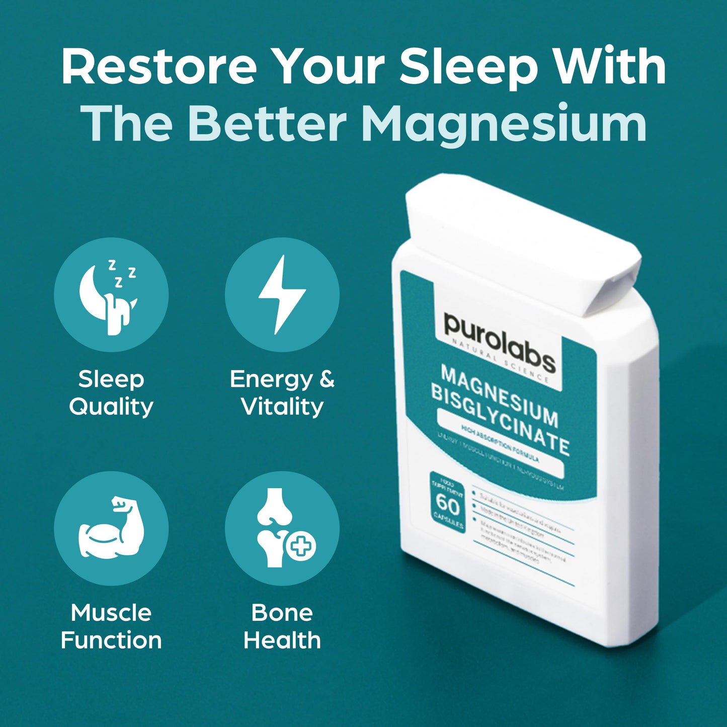 Purolabs Magnesium Bisglycinate 250mg | High Absorption | Energy, Sleep & Muscle Support | Gentle on Stomach | Vegan, Non-GMO, Allergen-Free | 60 Capsules | Made in UK