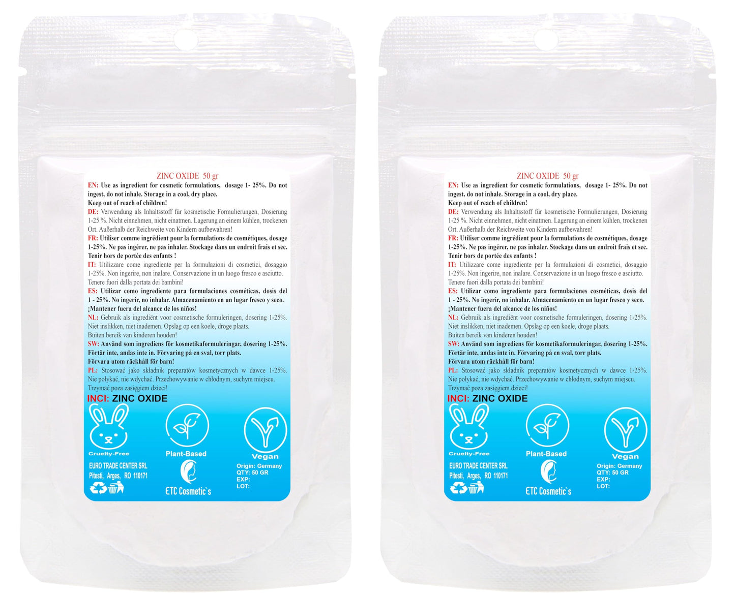ETC Cosmetic`s Zinc oxide Powder - 100 gr - Cosmetic ingredient, high purity material, non-nano
