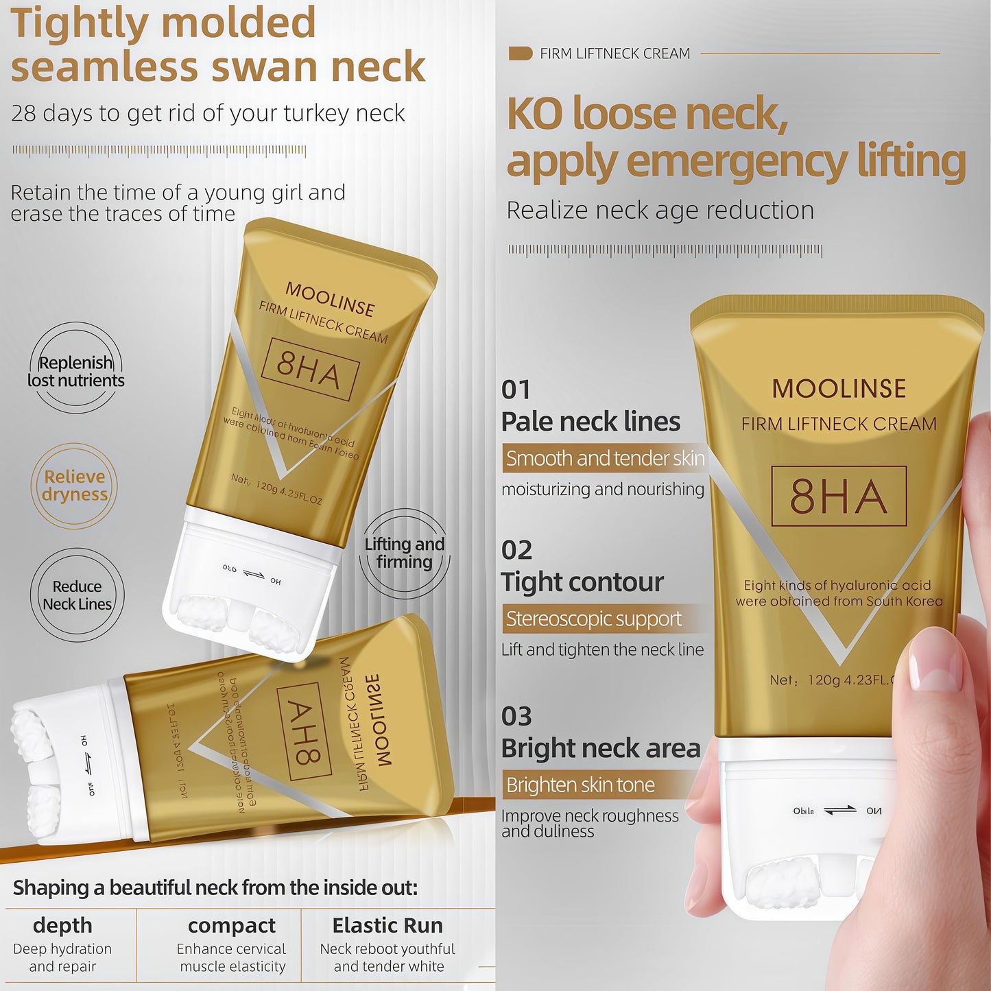 ANGEL SILK 8HA Firming Neck Cream, Tighten and Lift Neck Cream, Contain Hexapeptide, Moisturizing, Tightening Lotions, with Double Roller Massage, Reduce Wrinkles Fine Lines, Firm Sagging Skin