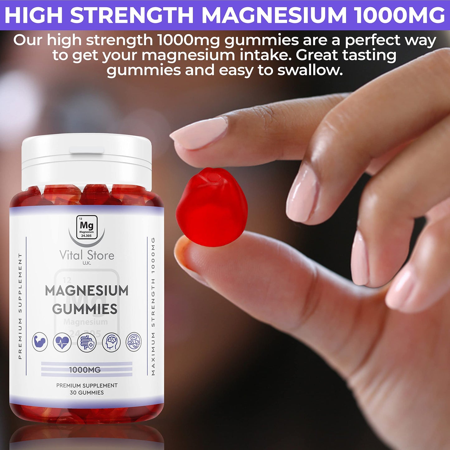 Magnesium Gummies 1000MG - Vegan 1 Month Supply - Berry Flavour - High Strength Magnesium Gummies - Magnesium Supplements, 30 Count (Pack of 1)