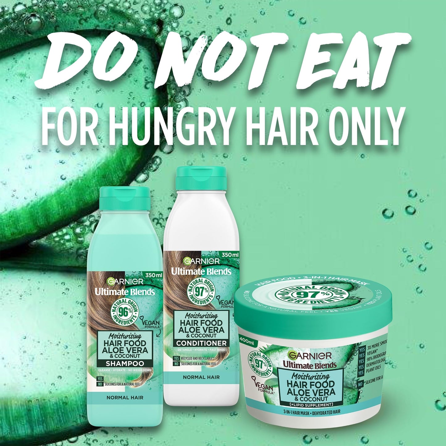 Garnier Hair Food Multi-use Hair Treatment Mask, Offers 8x More Hydration, Ideal for Dehydrated hair, No Silicones, Vegan Formula, Aloe Vera, Ultimate Blends, 400ml