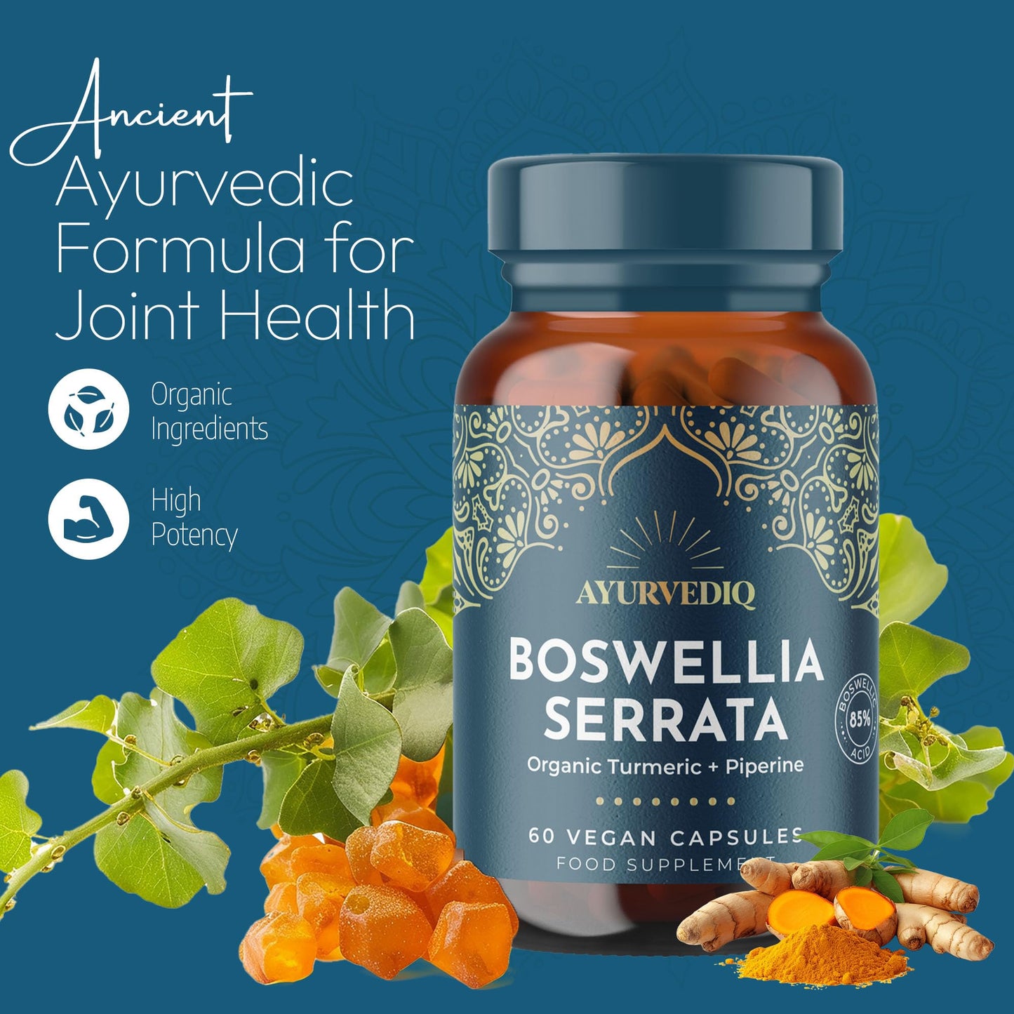 AYURVEDIQ WELLNESS Ayurvediq Boswellia Serrata and Turmeric with Black Pepper Piperine Capsules – 60 Vegan Organic Turmeric Curcumin Capsules a Natural Anti Inflammatory Supplement Joint Support - Ayurvedic Products