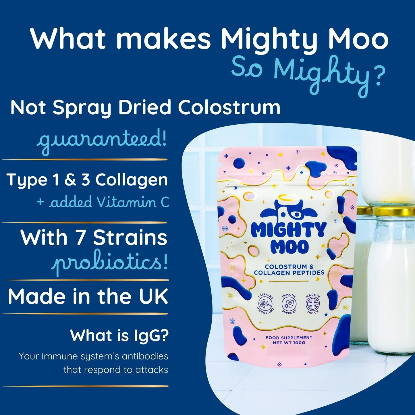 Bovine Colostrum Powder with Collagen Peptidces for Gut Health, Immune Support, Hair Growth & Beauty Supplement, Gluten Free, Sugar Free | Mighty Moo Freeze-Dried Colostrum, Unflavored, 30 Servings
