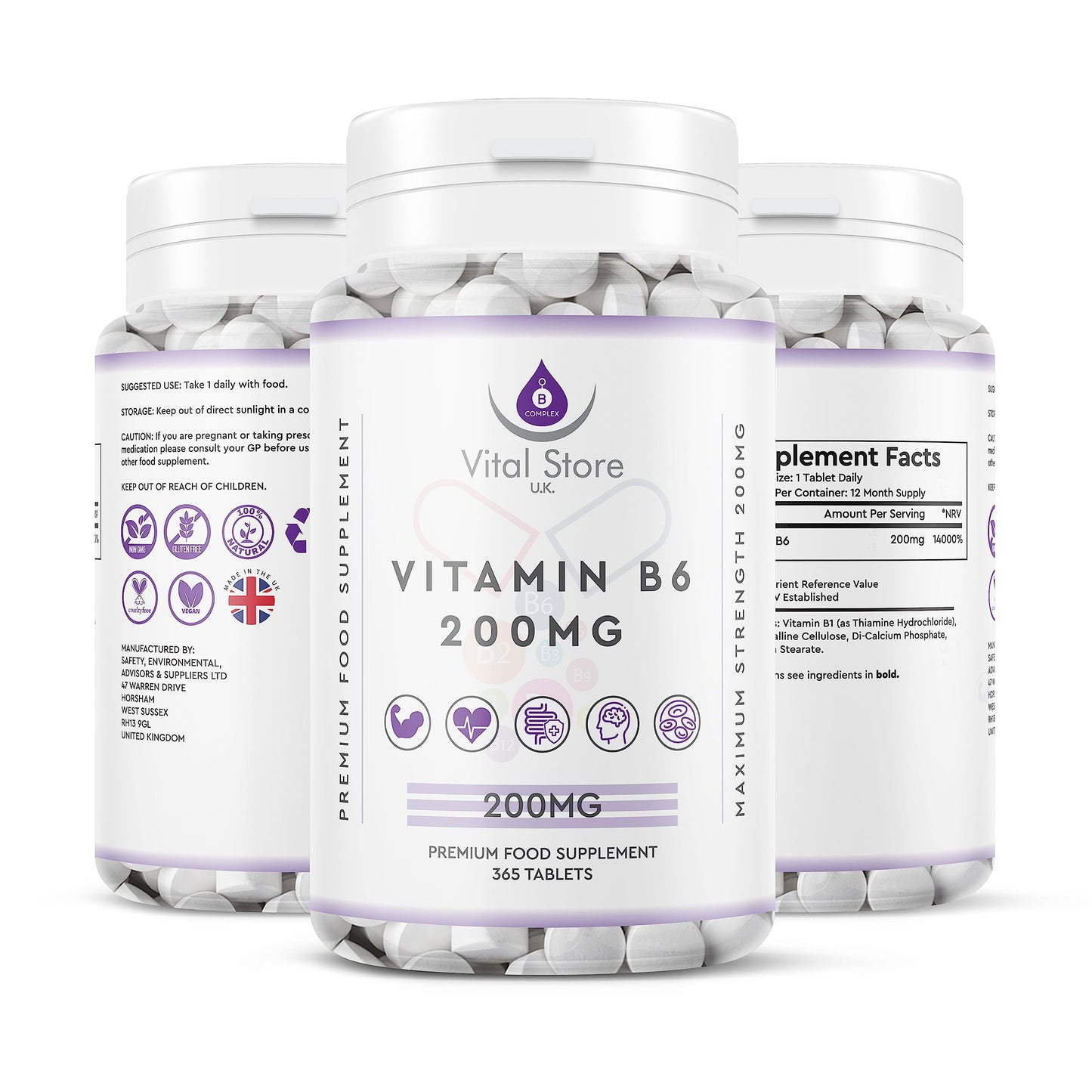 Generic Vitamin B6 200 mg High Strength 365 Tablets Vegan Tablets 1 Year Supply – Gluten Free Supplements for Red Blood Cell Formation, Dietary Supplement for Your Immune and Nervous System