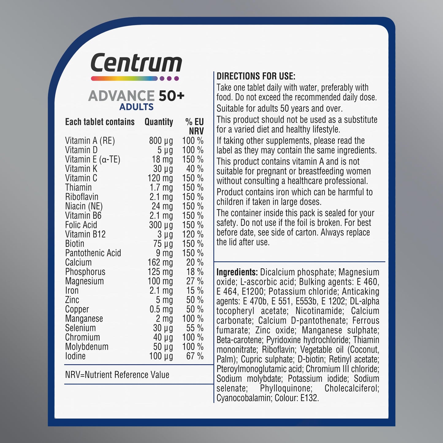 Centrum Advance 50+ Tablets Multivitamin & Mineral Supplements, with 24 essential nutrients, including vitamin D, C, Zinc, 130 ct (Packaging and Tablet colour may vary slightly)