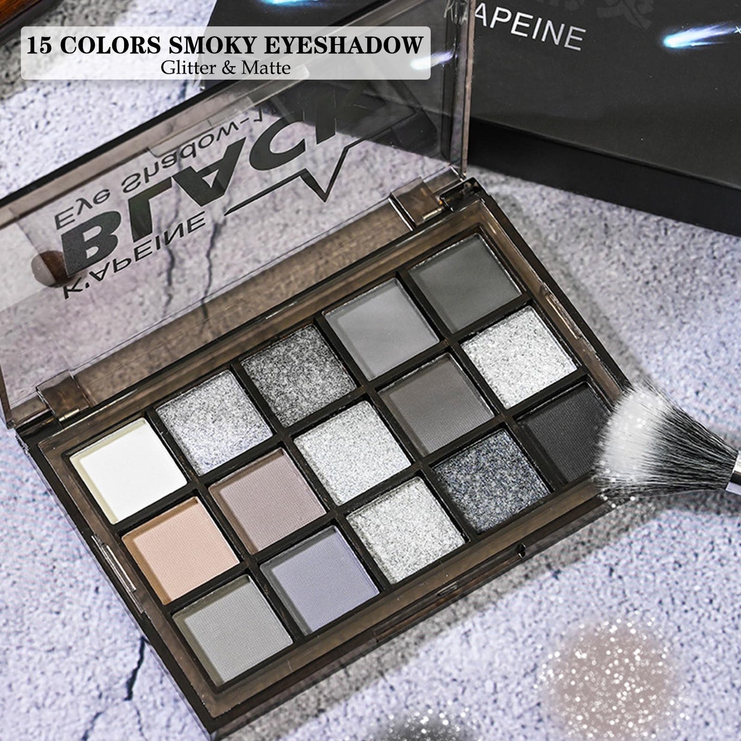 GEEWHILE Eyeshadow Palettes, Black Smokey Eye Shadow Pallets For Women, 15 Colors Glitter & Matte Black Silver Gray White Eyeshadow, Long Lasting Highly Pigmented Eyeshadow Makeup Kits