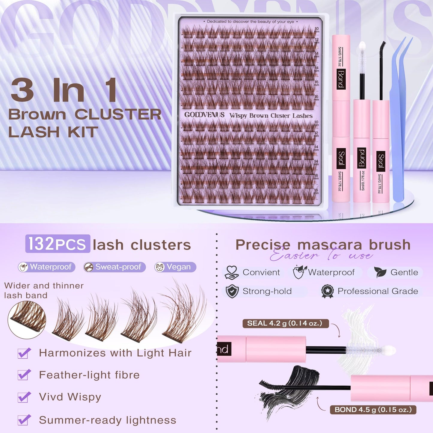 Goddvenus Brown Cluster Lashes Kit Individual Eyelashes For Clean Makeup Wispy Eyelash clusters 132pcs C Curl Fluffy lashes individual cluster Kit Light Hair DIY Lash Extension Kit