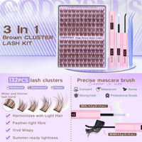 Goddvenus Brown Cluster Lashes Kit Individual Eyelashes For Clean Makeup Wispy Eyelash clusters 132pcs C Curl Fluffy lashes individual cluster Kit Light Hair DIY Lash Extension Kit