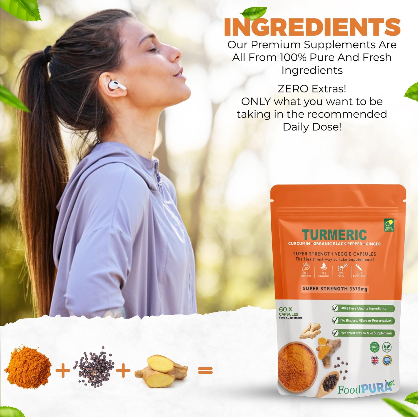 FoodPURA Turmeric Curcumin Capsules with Black Pepper & Ginger High Strength 3675mg HACCP Certified, Manufactured in The UK by FoodPURA (60)