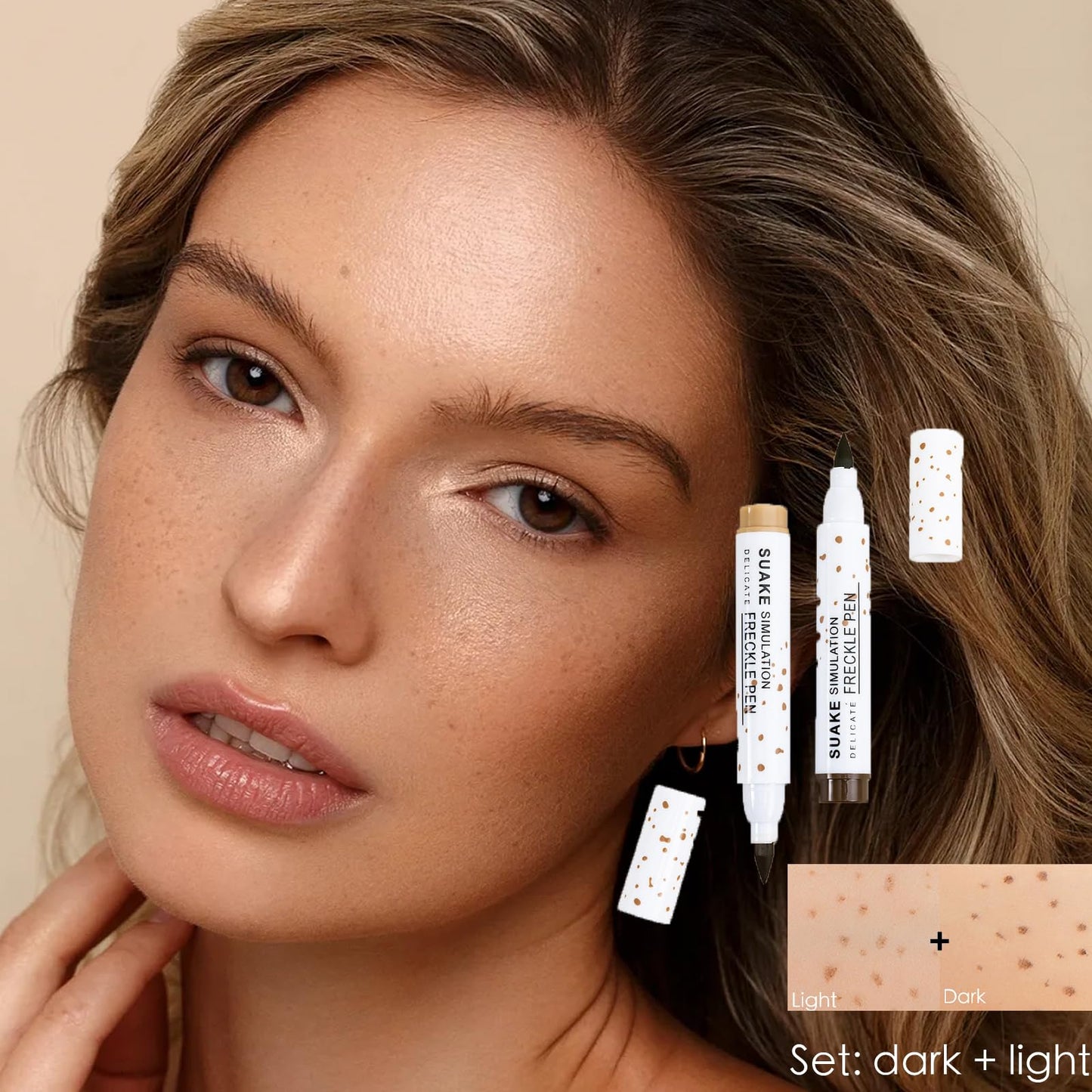 HAORQEE Freckle Pen Freckle Tint Set, 2 Colors Fake Freckles Makeup Pen Natural Lifelike Long-Lasting Waterproof Freckle Stamp for a Natural Sun-Kissed Makeup(Light Brown + Dark Brown)