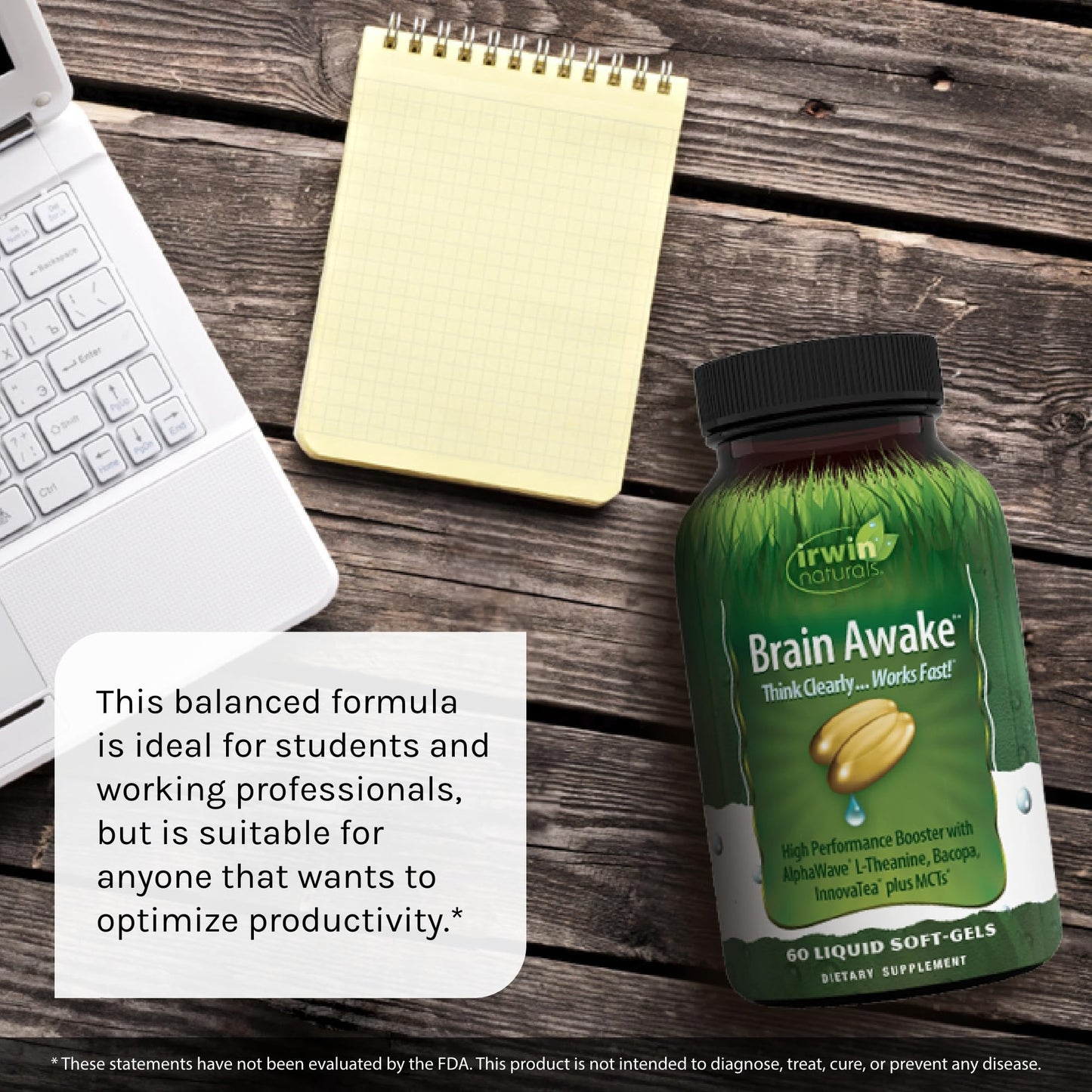 Irwin Naturals Brain Awake Enhanced Mental Performance, Increased Focus, Boost Clarity & Concentration - Powerful Nootropic Booster with L-Theanine, Bacopa, MCT's & InnovaTea - 60 Liquid Softgels