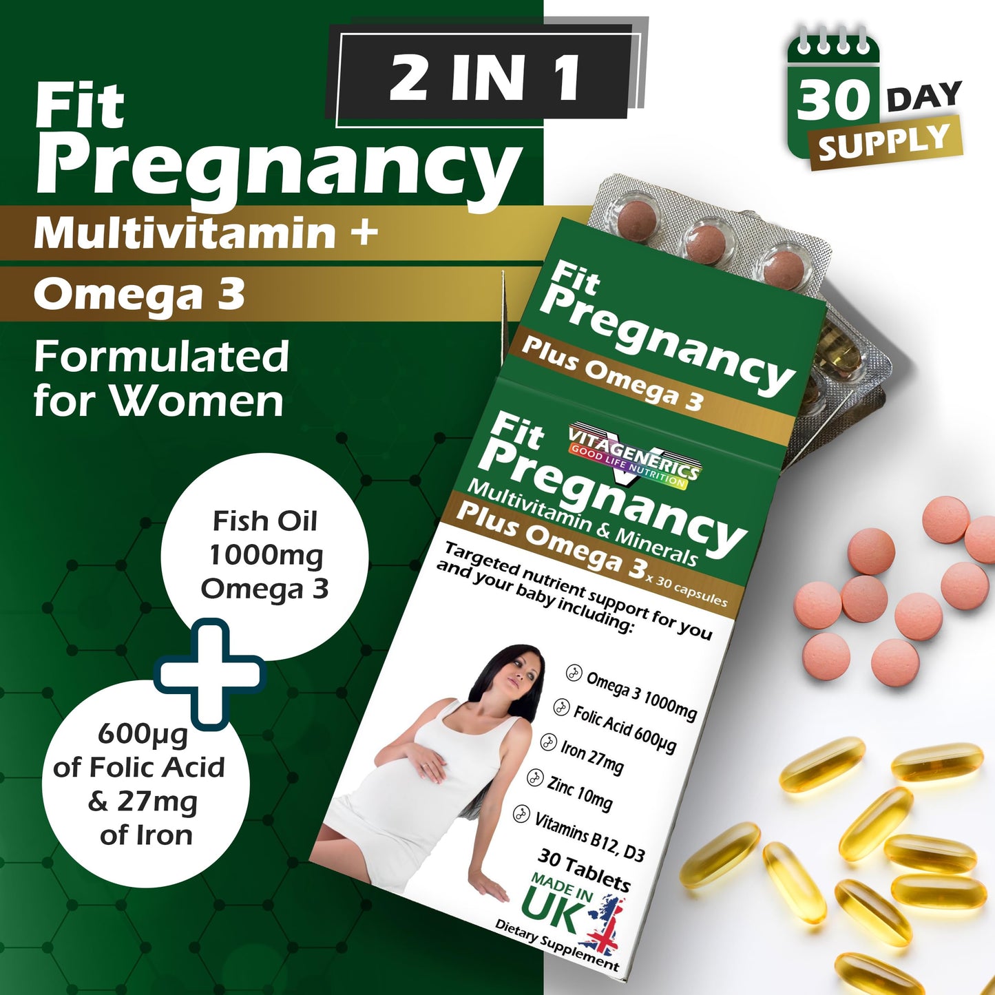 VitaGenerics VITAGENERICS FitPregnancy Multivitamin & Minerals Plus Omega 3, 30 Tablets Plus 30 Capsules, with Zinc, Iron & B Vitamins, Made in UK