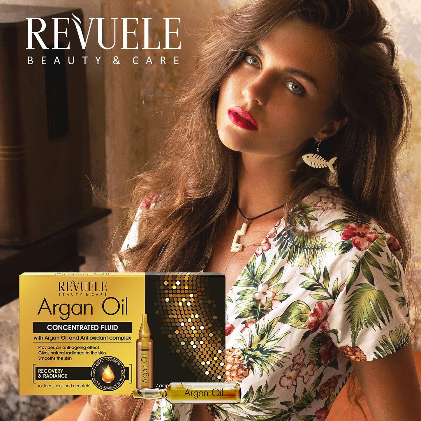 Revuele Ampoules Argan Oil Concentrated Liquid with Argan Oil for Face Neck and Décolleté 2 ml 100% Pure Natural and Organic with Oligolinolic Acids