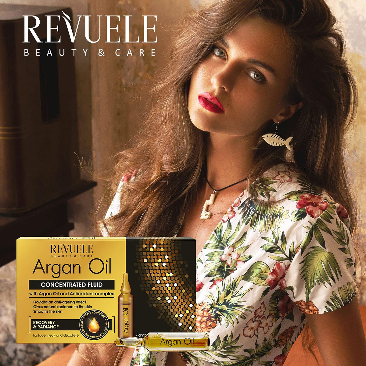 Revuele Ampoules Argan Oil Concentrated Liquid with Argan Oil for Face Neck and Décolleté 2 ml 100% Pure Natural and Organic with Oligolinolic Acids