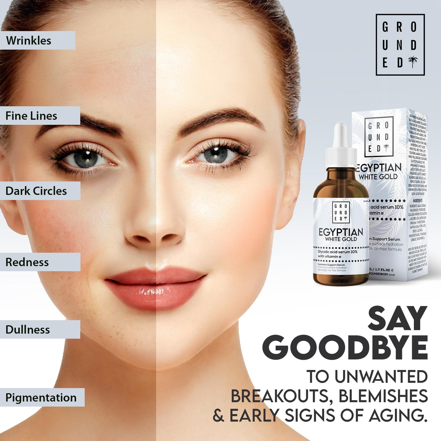 G R O U N D E D COFFEE SCRUB Egyptian White Gold Glycolic Acid Serum with Vitamin E, Anti-Aging Face Serum, Made in the UK by Grounded Body