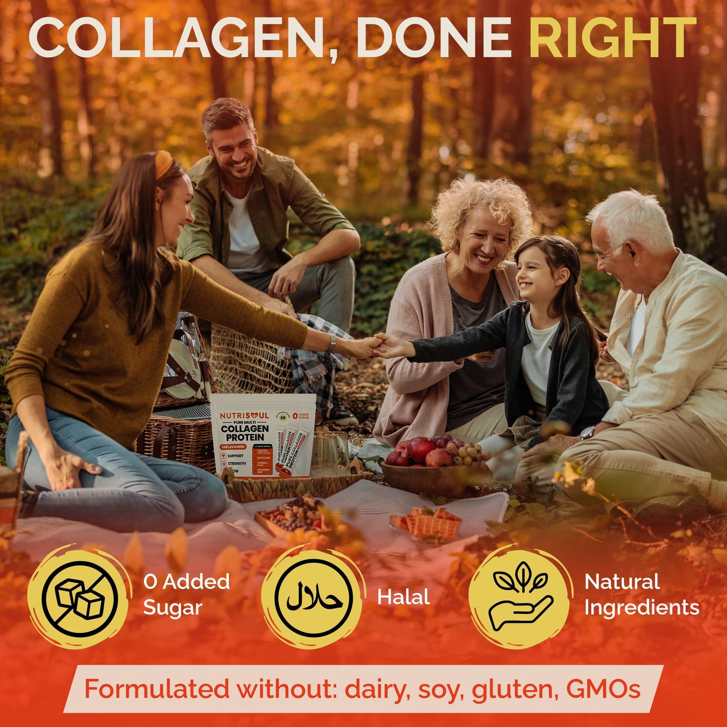 NUTRISOUL Multi Collagen Powder | 30 Pack | 100% Natural, Hydrolysed Bovine & Marine Collagen Peptides Types I, II, III, V & X | 8 Essential Amino Acids | Halal, Kosher & Gluten Free