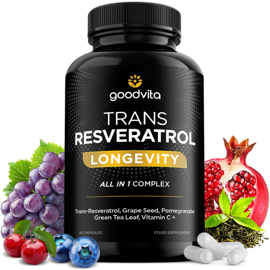 Trans Resveratrol Supplement 650mg | UK Made | 60 Capsules, 2 Month Supply | Antioxidant, Anti-Aging, Immune, Joint Support | Grape Skin, Pomegranate, Vitamin C | Rich in Polyphenols | Goodvita