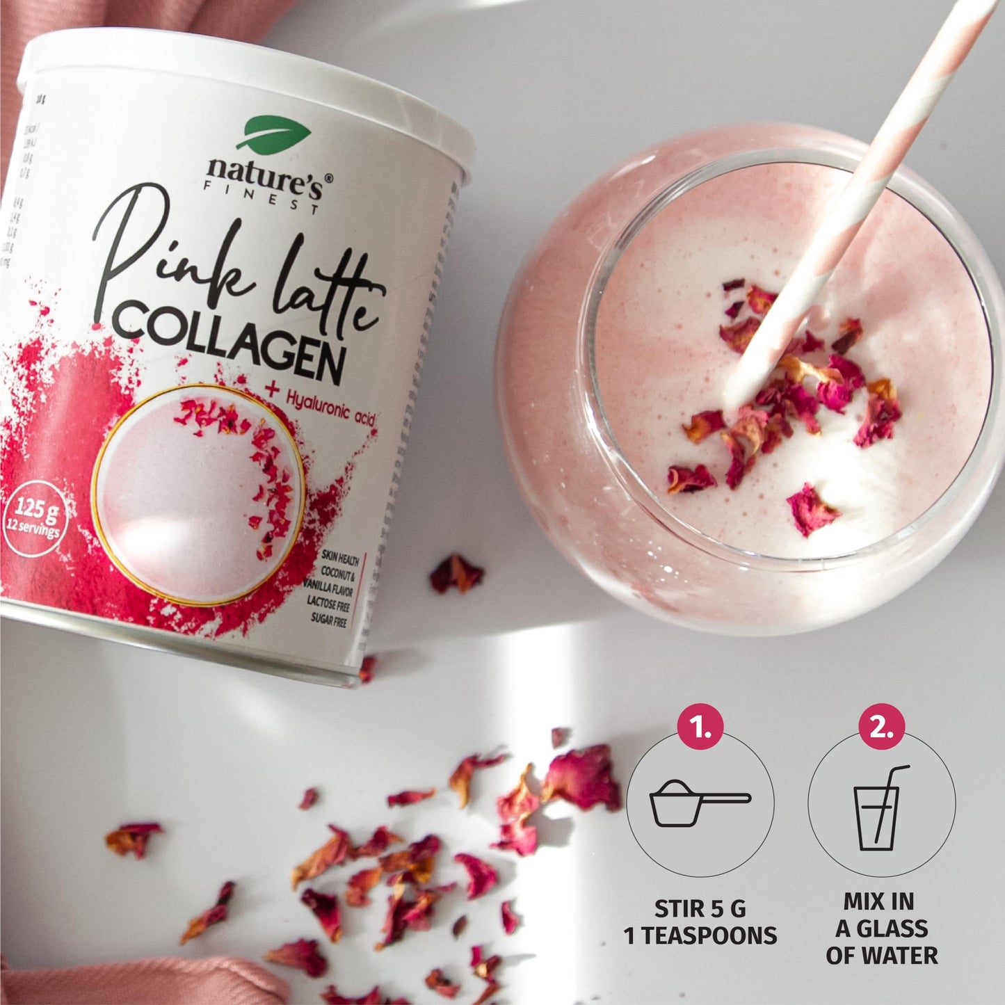 Nature's Finest by Nutrisslim PINK LATTE with Collagen and Hyaluronic Acid 125 g | Coconut and vanilla flavored drink, lactose and sugar free (1)