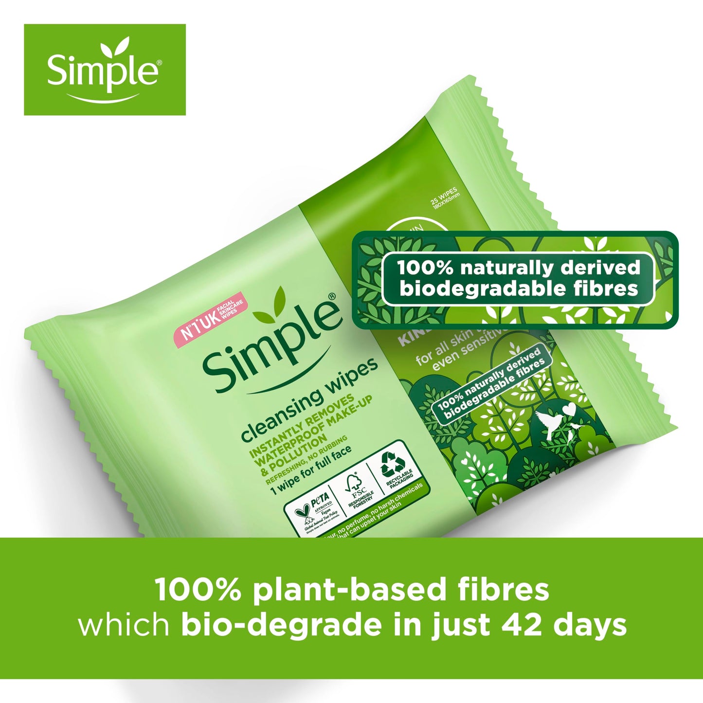 Simple Kind to Skin Bio-degradable Cleansing Wipes face wipes to remove waterproof eye make-up for sensitive skin 25 pc
