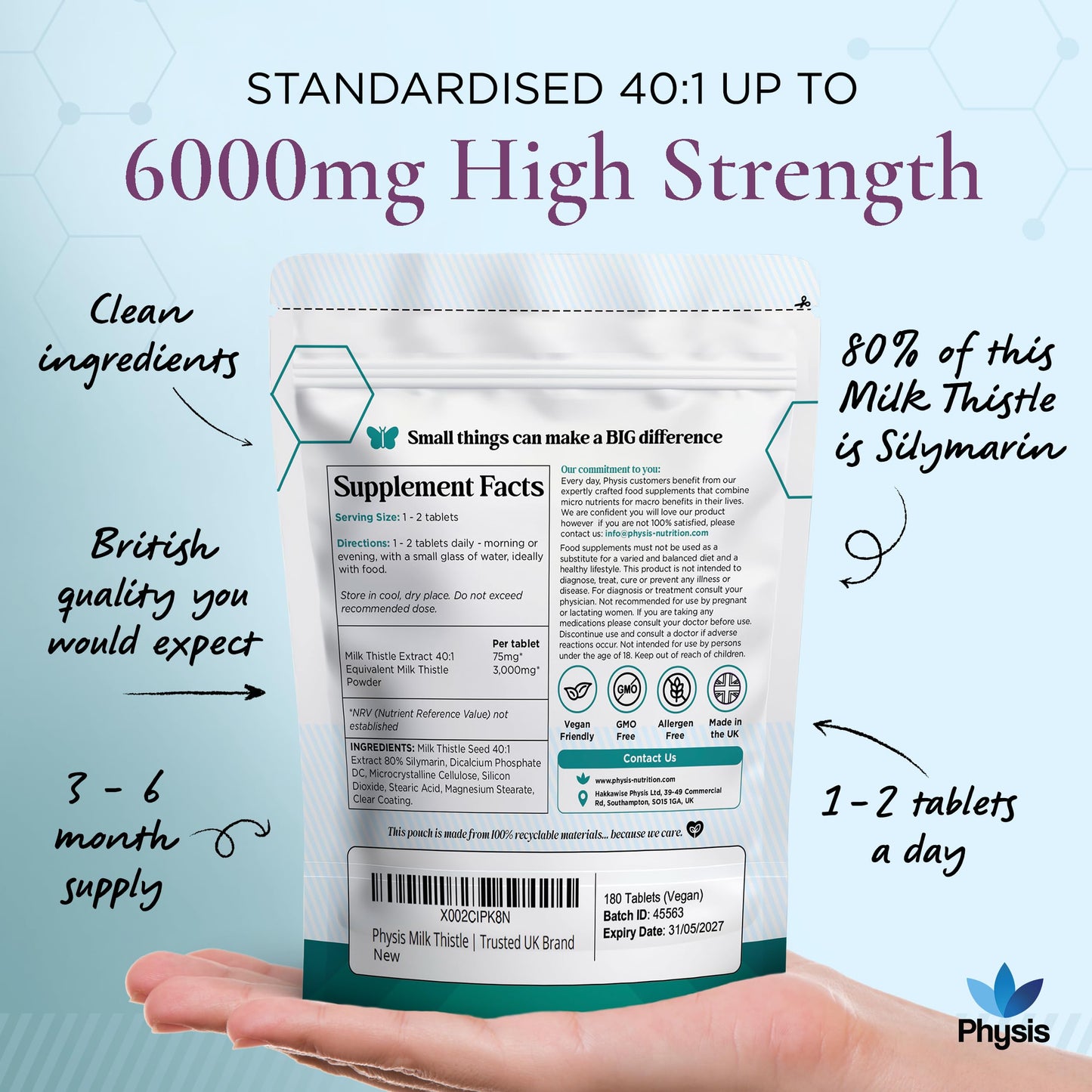 Physis Milk Thistle High Strength Food Supplement | 80% Silymarin | Milk Thistle Seeds | 180 x Tablets | Vegan Food Supplement | Made in Britain