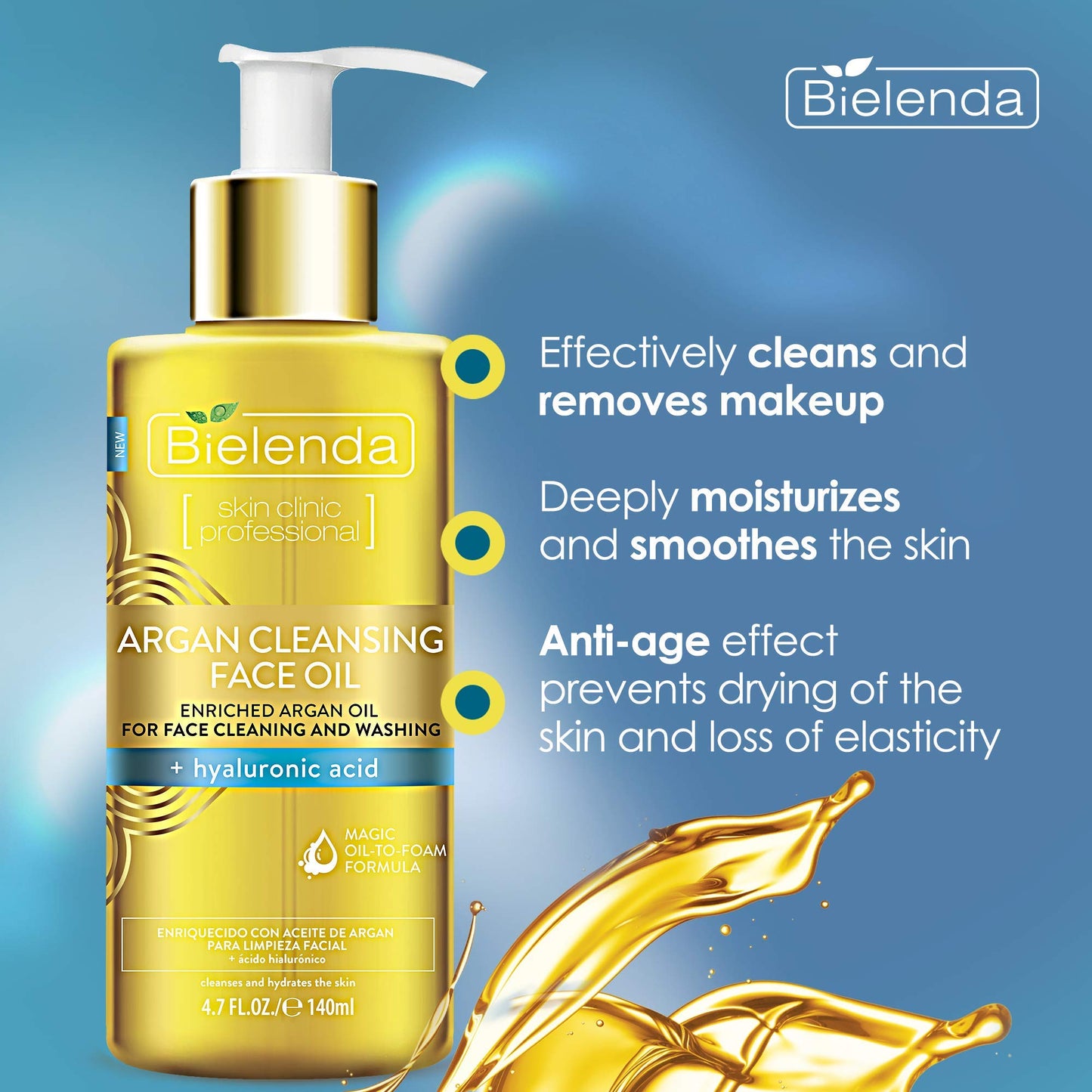 Bielenda Argan Face Oil - Essential Face Treatment Effectively Cleans And Removes Makeup Deeply Moisturizes And Smoothes The Skin Anti-Age Effect - Argan Cleansing Face Oil With Hyaluronic Acid - 140 ml