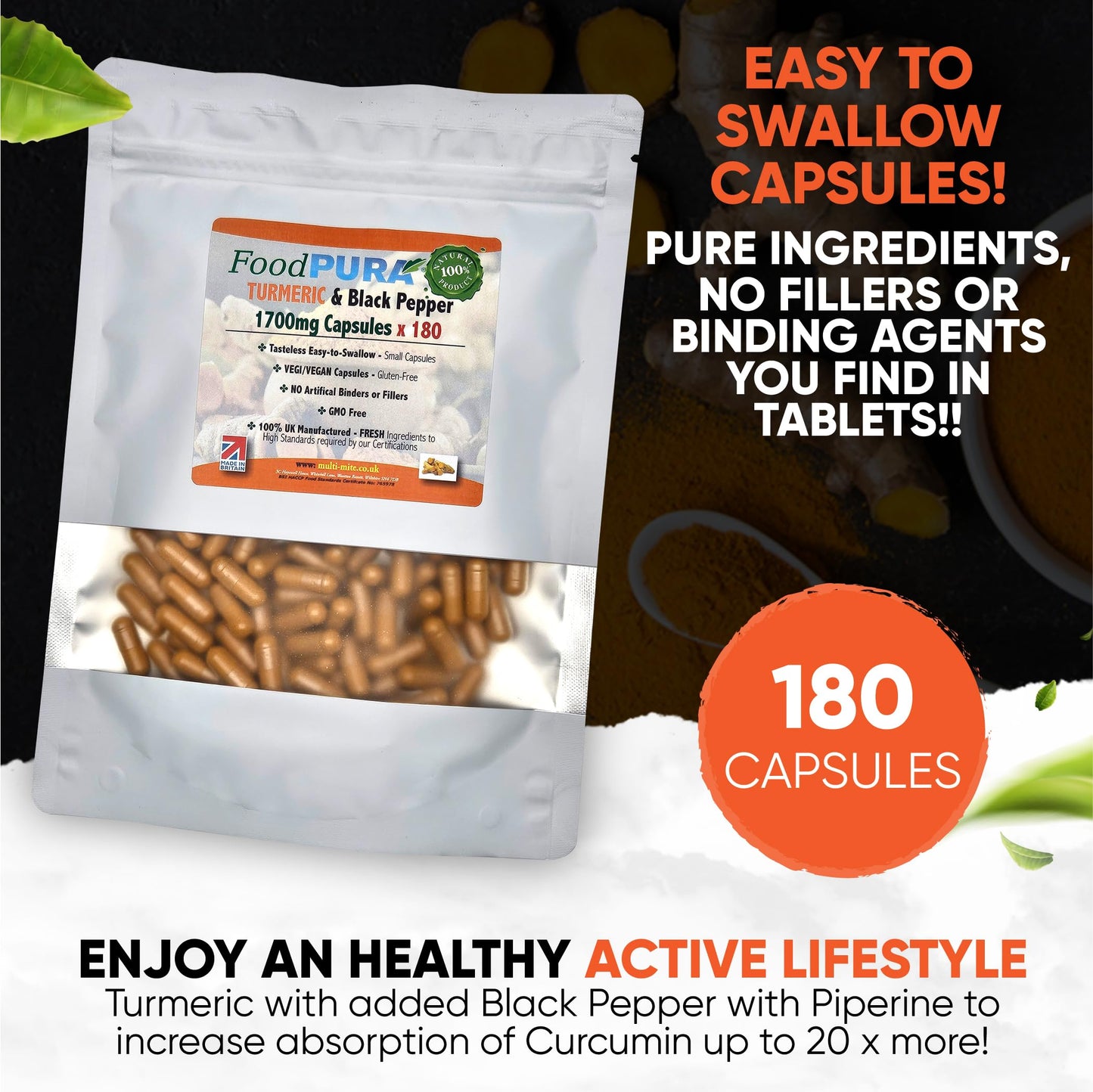 FoodPURA Turmeric with Black Pepper Capsules High Strength 1700mg HACCP Certified, Manufactured in The UK by FoodPURA 1 Pack of 180 Capsules
