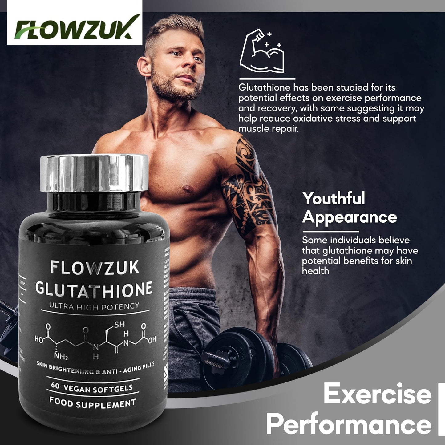 FLOWZUK Glutathione Supplements Ultra High Strength 60 Easy to Swallow softgels with Added Vitamin C and Collagen