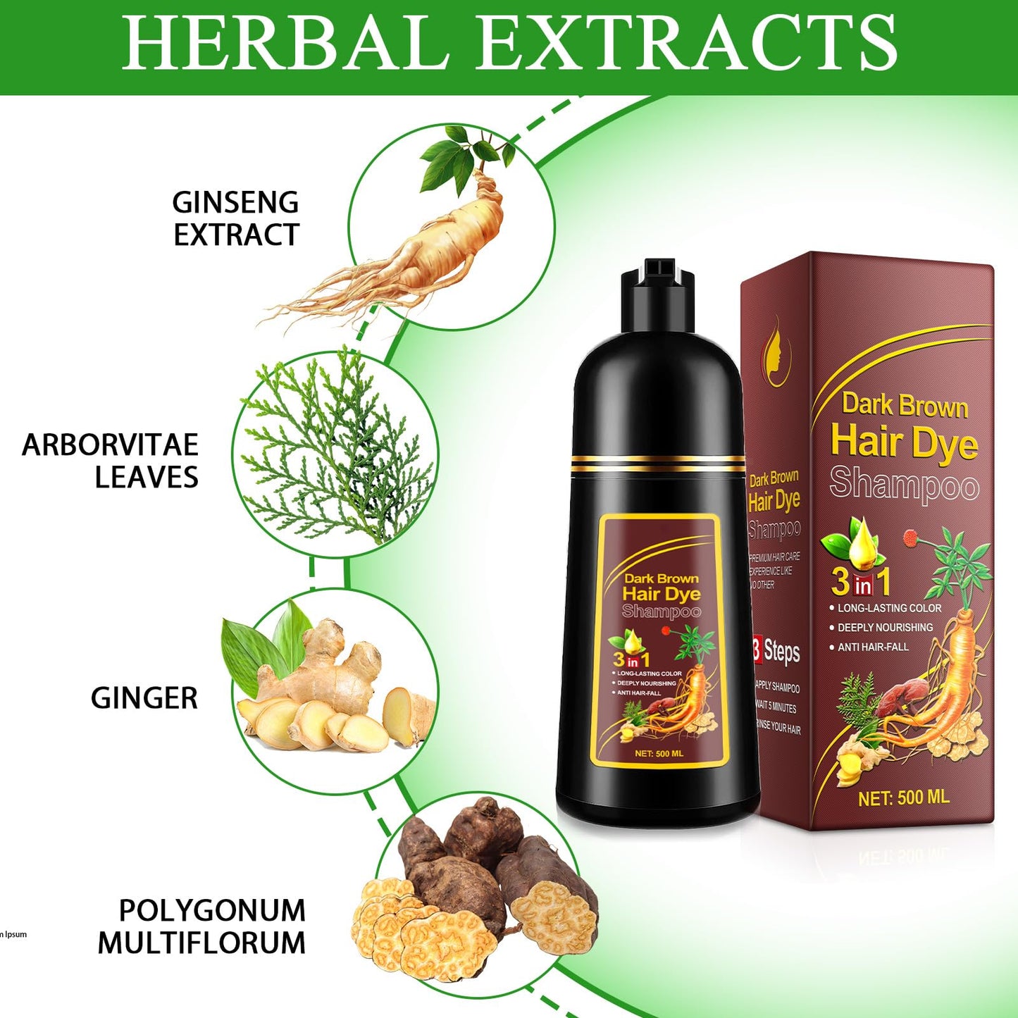 Dark Brown Hair Dye Shampoo, Hair Dye Shampoo 3 in 1 for Gray Hair Coverage Herbal Hair Dye Shampoo Natural Dark Brown Hair Color Shampoo for Women Men