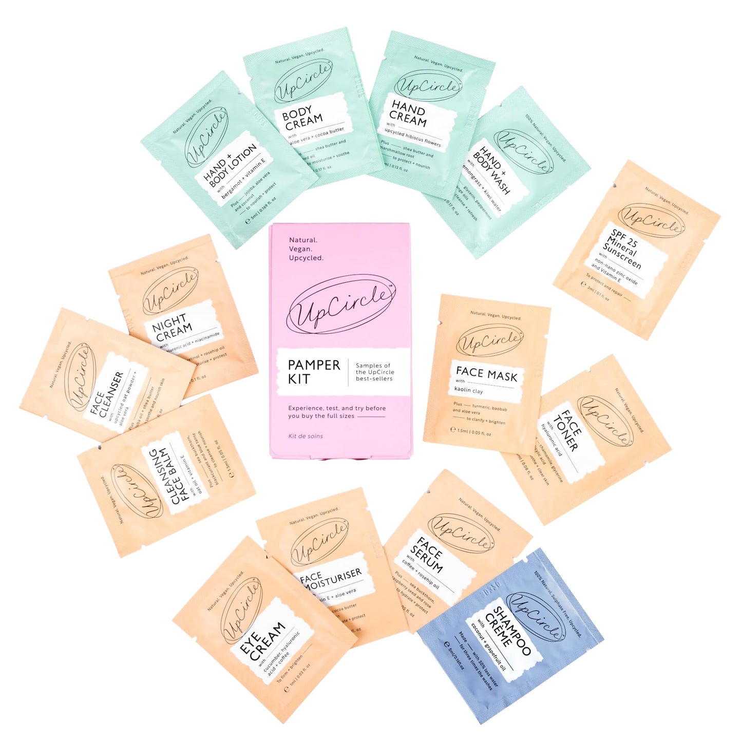 UPCIRCLE UpCircle The Pamper Kit - 14 Pieces - Sample Tester Pack Of Full Skincare + Body Range - Perfect Gift Idea, Pamper Night, For Holiday or Wedding Favour - Natural, Vegan, Cruelty-Free