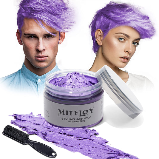 Mifeloy 120g Temporary Purple Hair Color Wax with Dye Brush, Instant Natural Violet Hairstyle Cream, Disposable Coloring Mud for Men Women, Washable Styling Pomades for Party Cosplay DIY Halloween