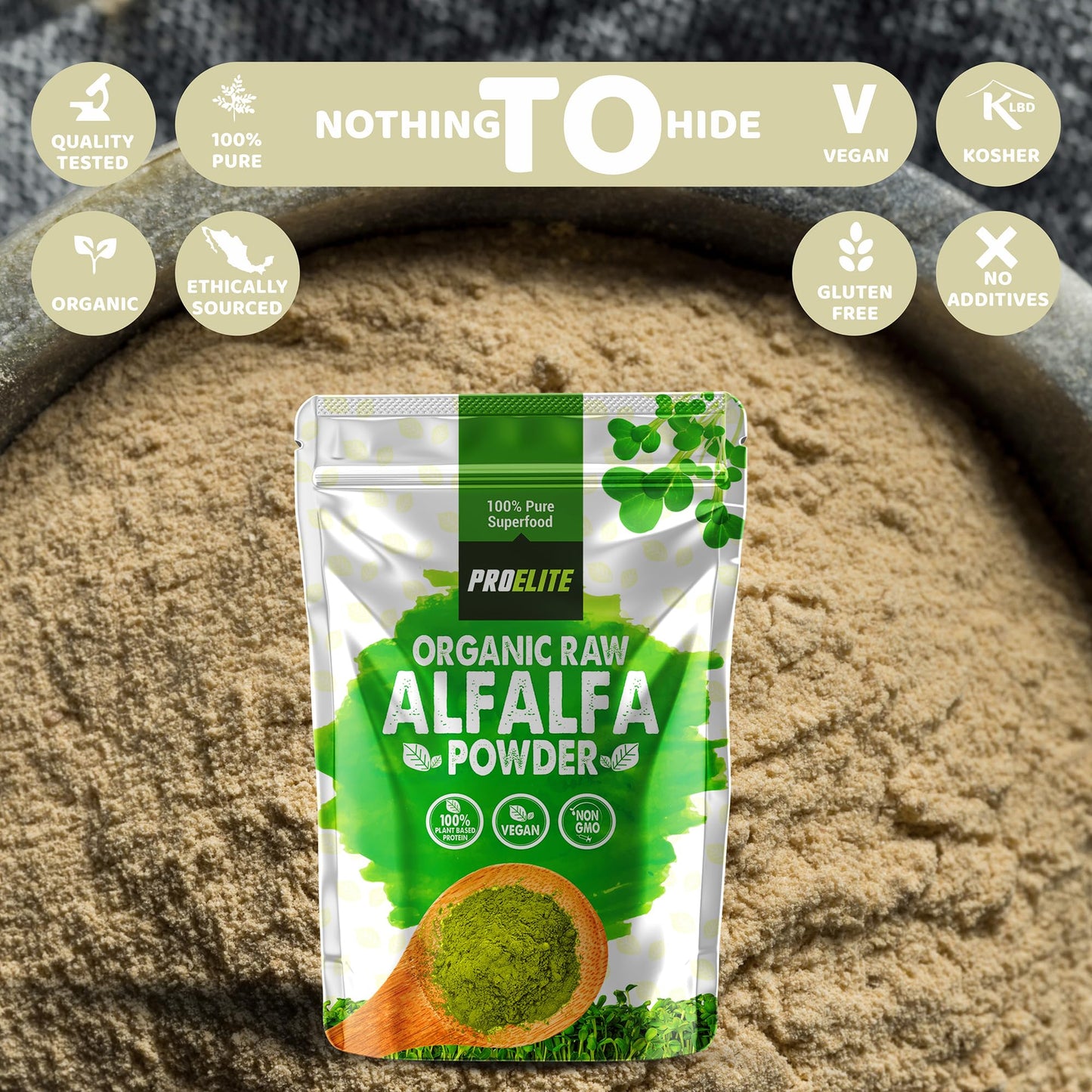 Organic Alfalfa Powder 250g Support Energy and Stress, Vegan Keto Green Superfood Supergreen Raw Natural Alfalfa Powder Juice Shots PROELITE