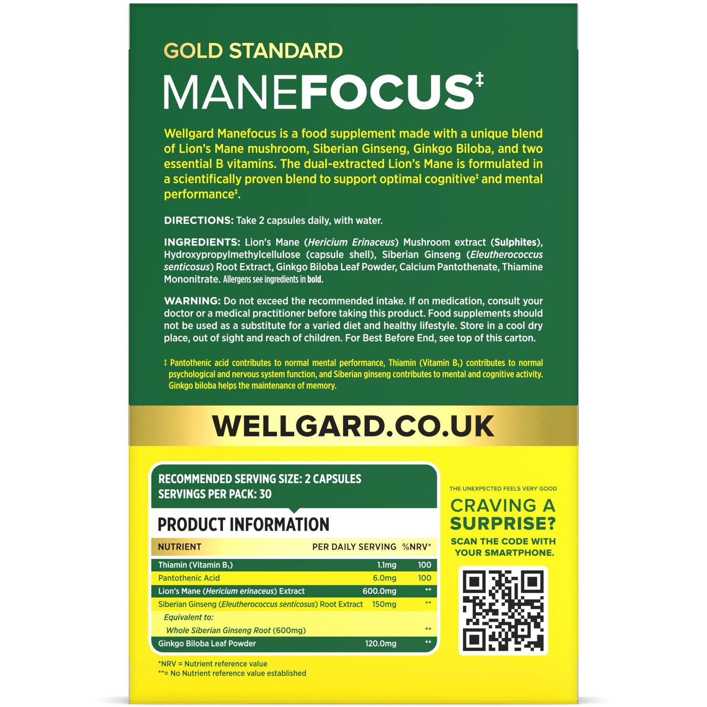 Wellgard Manefocus – High Absorption Lions Mane Supplement for Mental Performance, Brain Health, Memory, Clarity, 60 Capsules