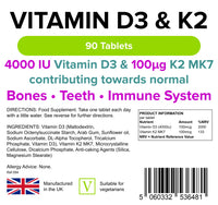 Lindens Vitamin D3 4000IU & MK7 K2 | 90 Tablets | UK Made | Immune Health, Bones, Teeth, Muscle, Blood Calcium Absorption | High Strength Vitamin D & K2 Supplement | 3 Months Supply | Vegetarian