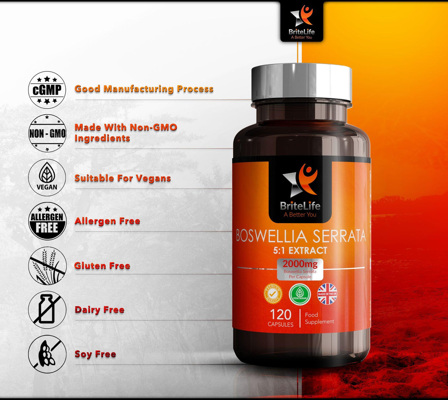 BL Boswellia Serrata Capsules | 120 High Strength Boswellia Extract 5:1 Capsules - 2000mg Boswellia Per Serving | Non-GMO, Gluten & Allergen Free | Manufactured in The UK