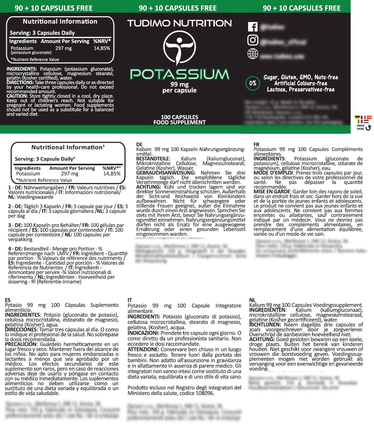 TUDIMO Potassium Supplements | Potassium Gluconate Capsules - 99mg per Capsule - 100 Capsules, Each with 99 mg of Premium Quality Potasium Gluconate Powder
