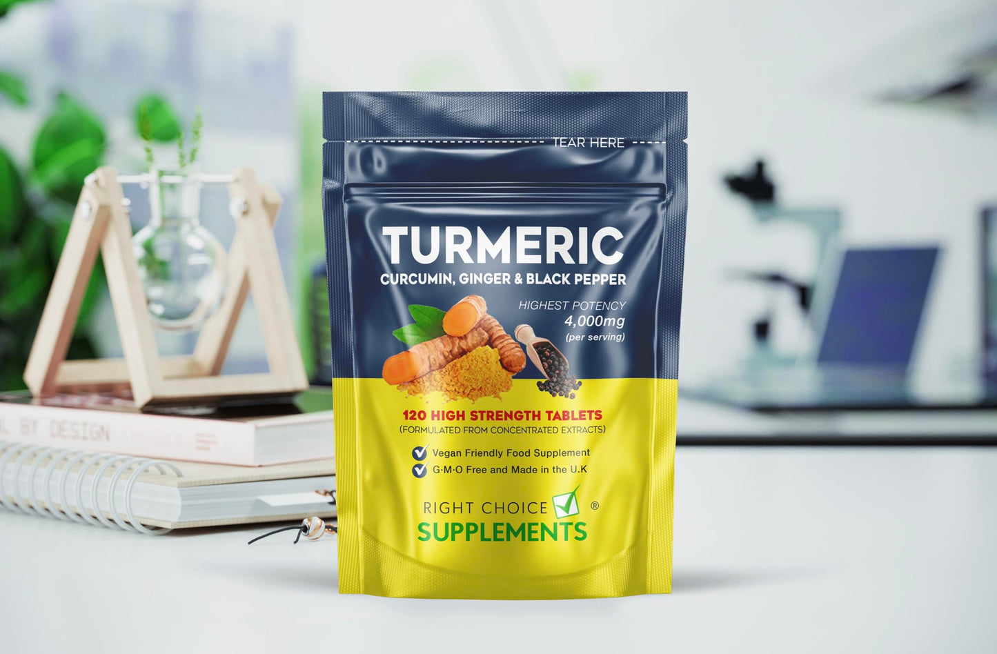 Turmeric, Ginger & Black Pepper 4000 mg Tablets (per Serving), High Strength Curcumin Supplements, Vegan and Gluten Free, UK Made, 120 Count