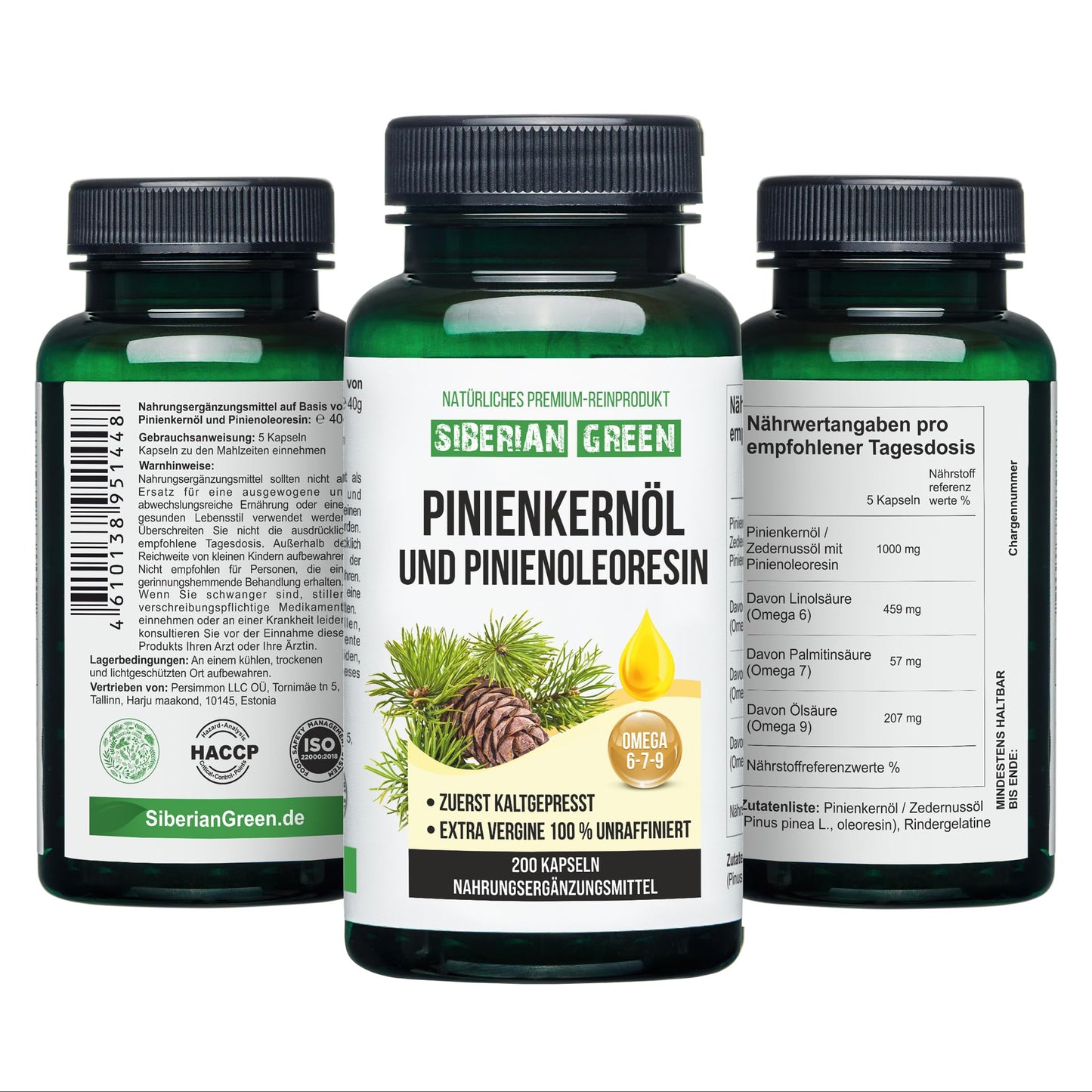 Siberian Green Pine Nut Oil w/Pine Resin Capsules 200 Softgels Wild Harvested Siberia Altai Cold Pressed Unrefined