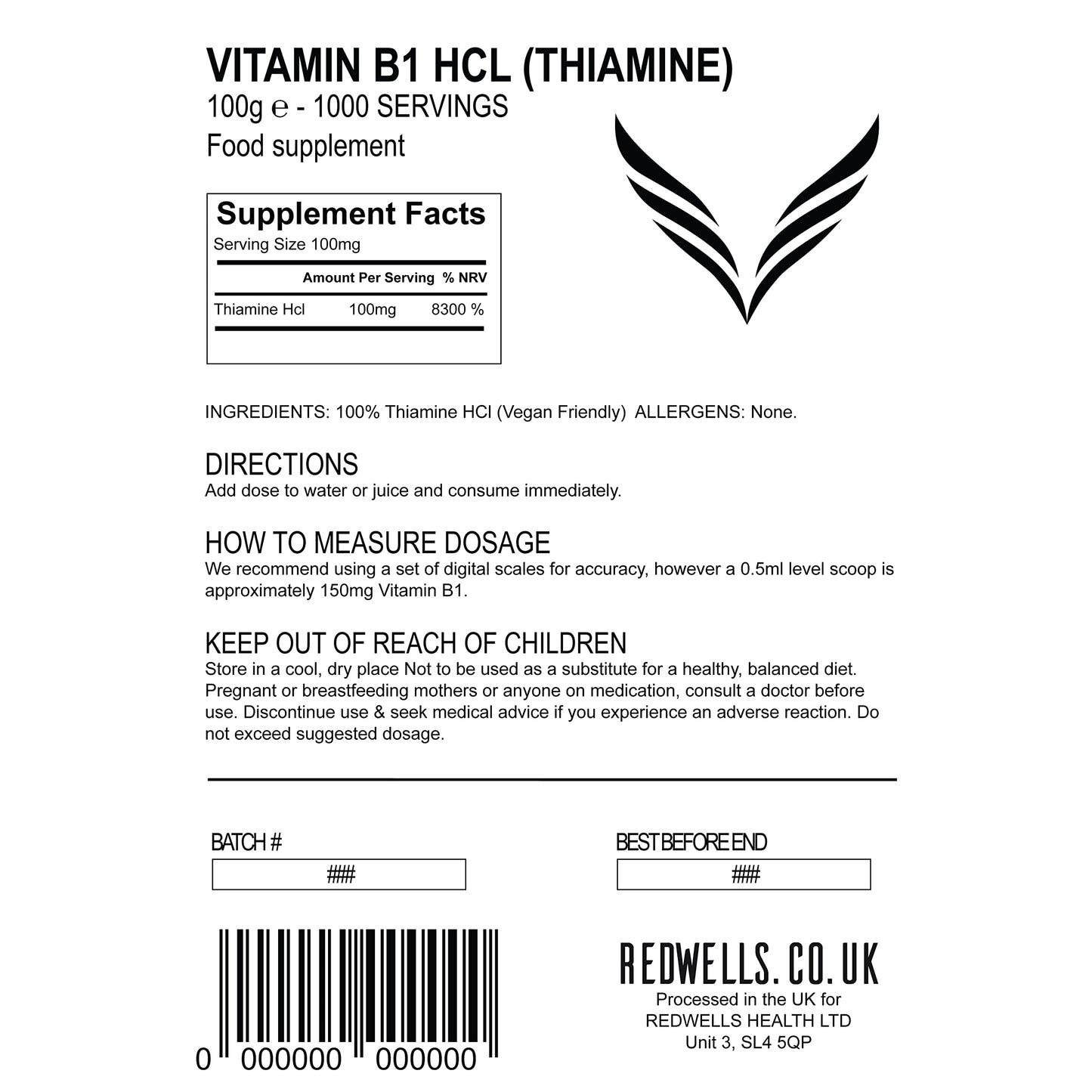 Vitamin B1 Powder Thiamine Hcl REDWELLS No Additives GMO Free Vegan - 100g Pack