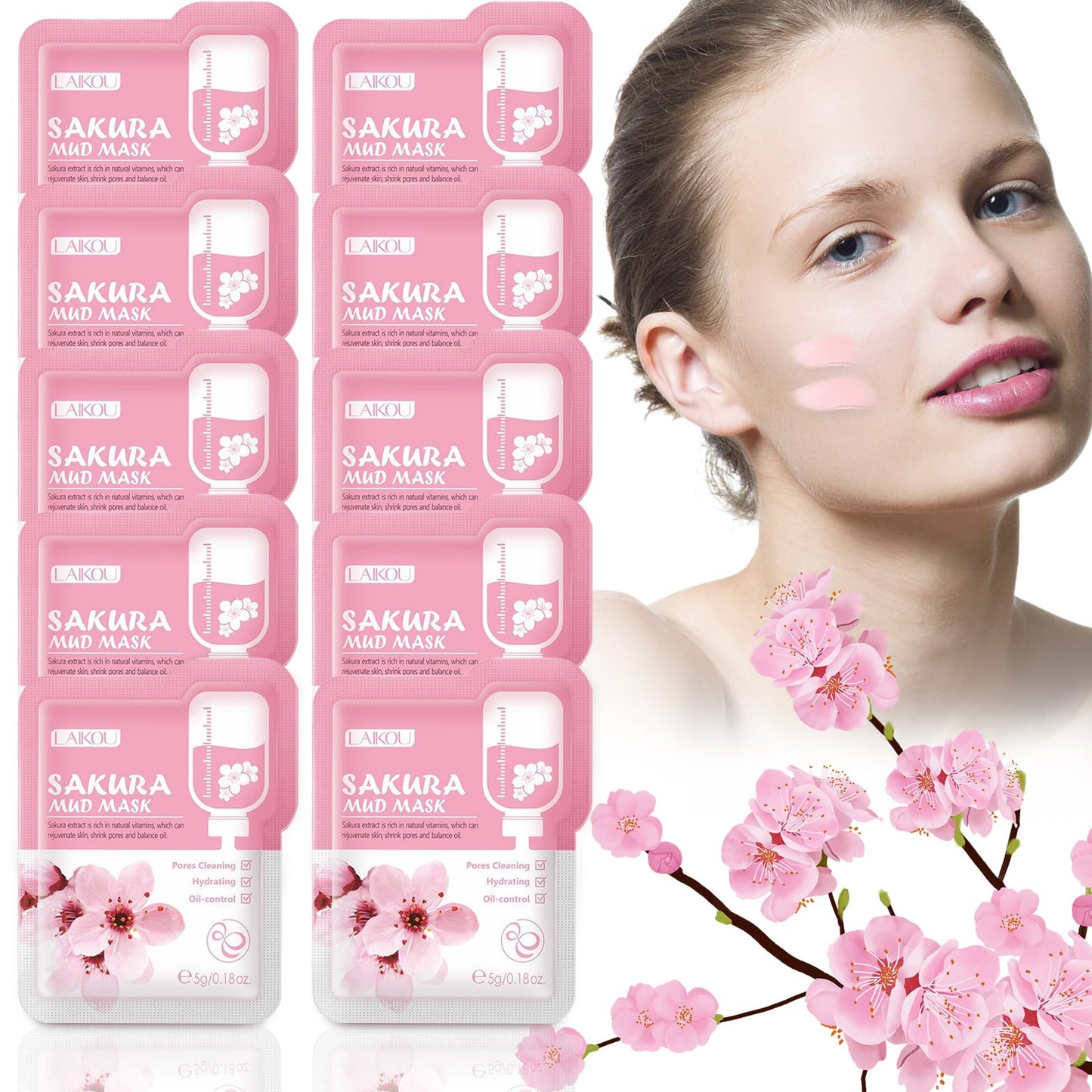 Xumann 10PCS Sakura Skincare Set, Deep Cleanse Pink Face Mask Skincare, Brightening and Moisturizing Pink Clay Mask (5g*10)