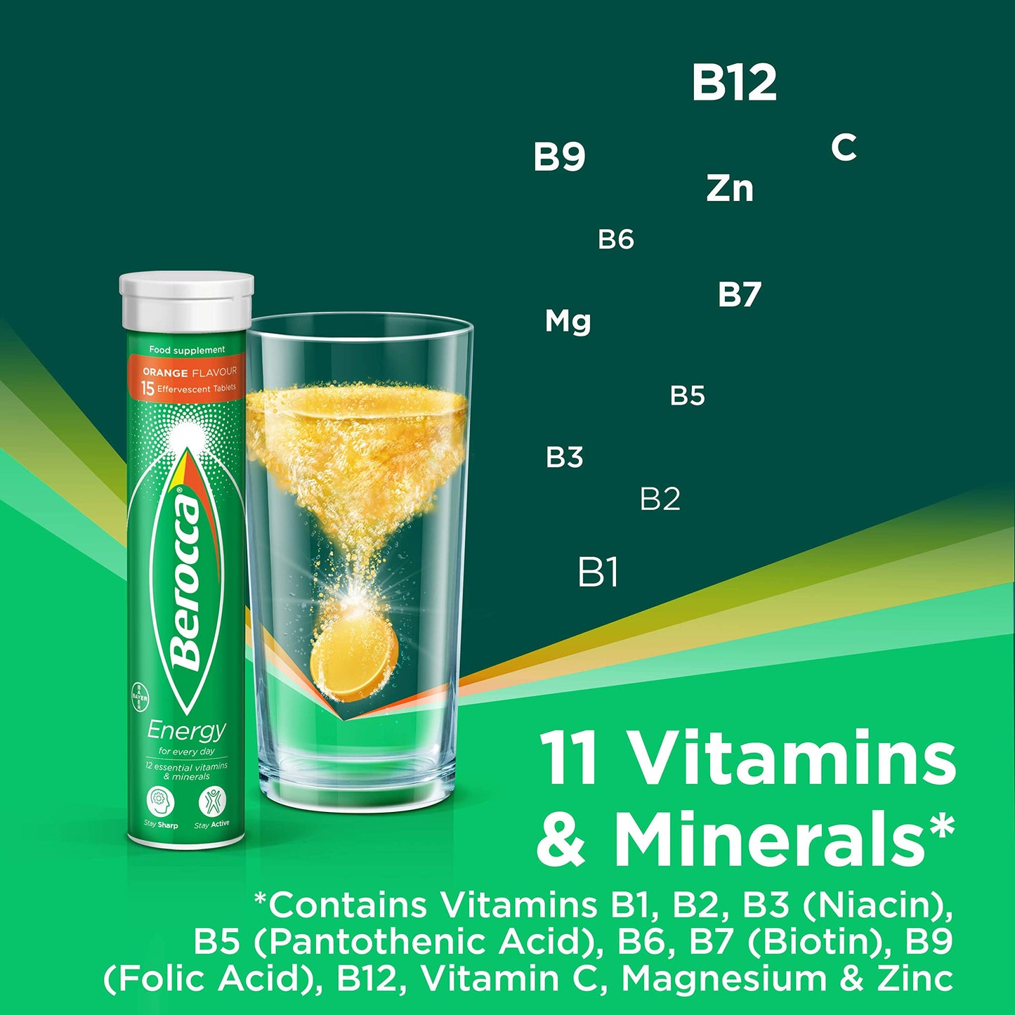 Berocca Vitamin C Effervescent Tablets, with Magnesium, Vitamin B12 & Vitamin B Complex, Orange Flavour, 1 Pack of 15 Tablets - 2 Weeks Supply