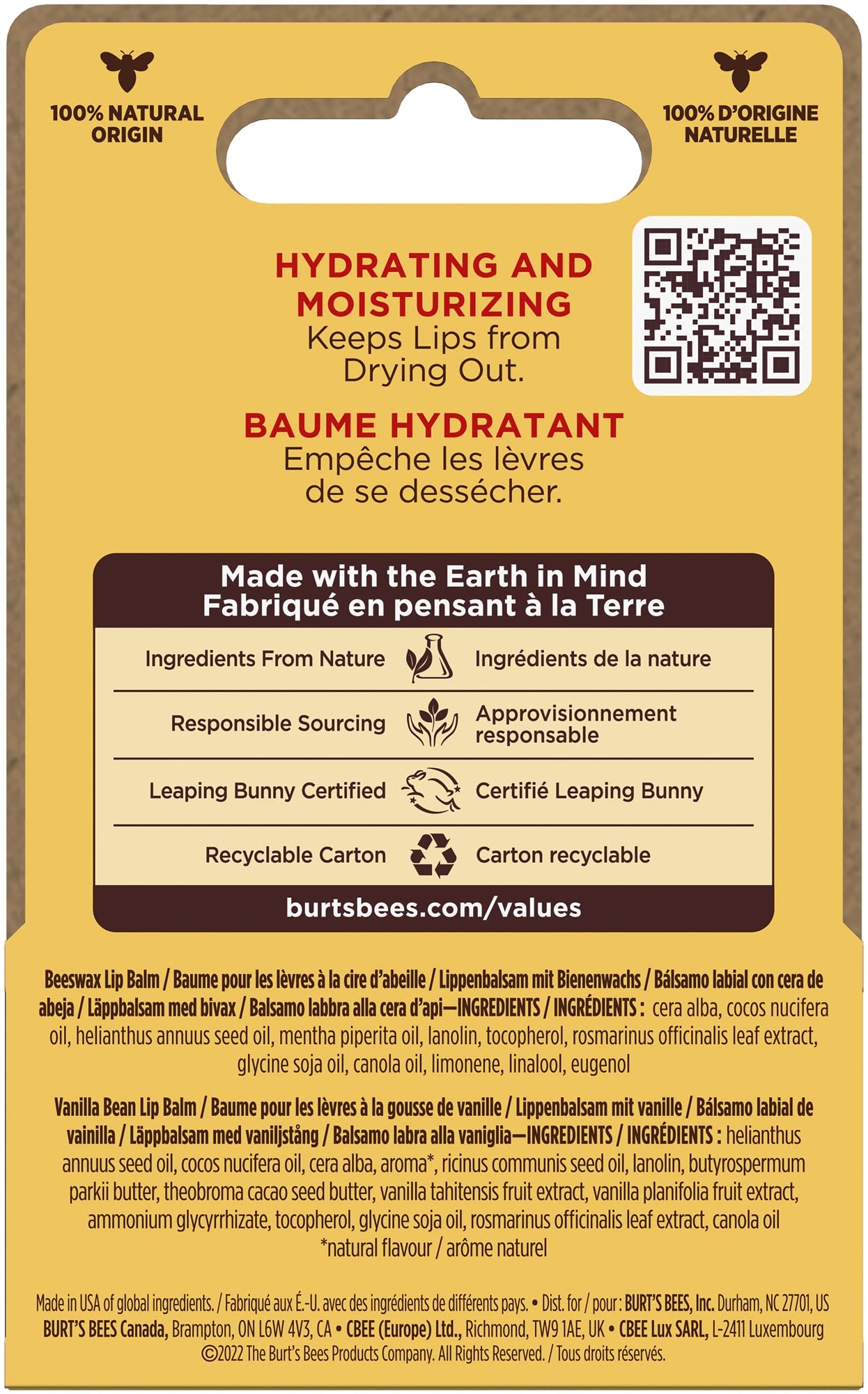 Burt's Bees Lip Balm Duo Pack, Includes Moisturising Beeswax with Peppermint & Vitamin E and Vanilla Bean, 2x4.25g