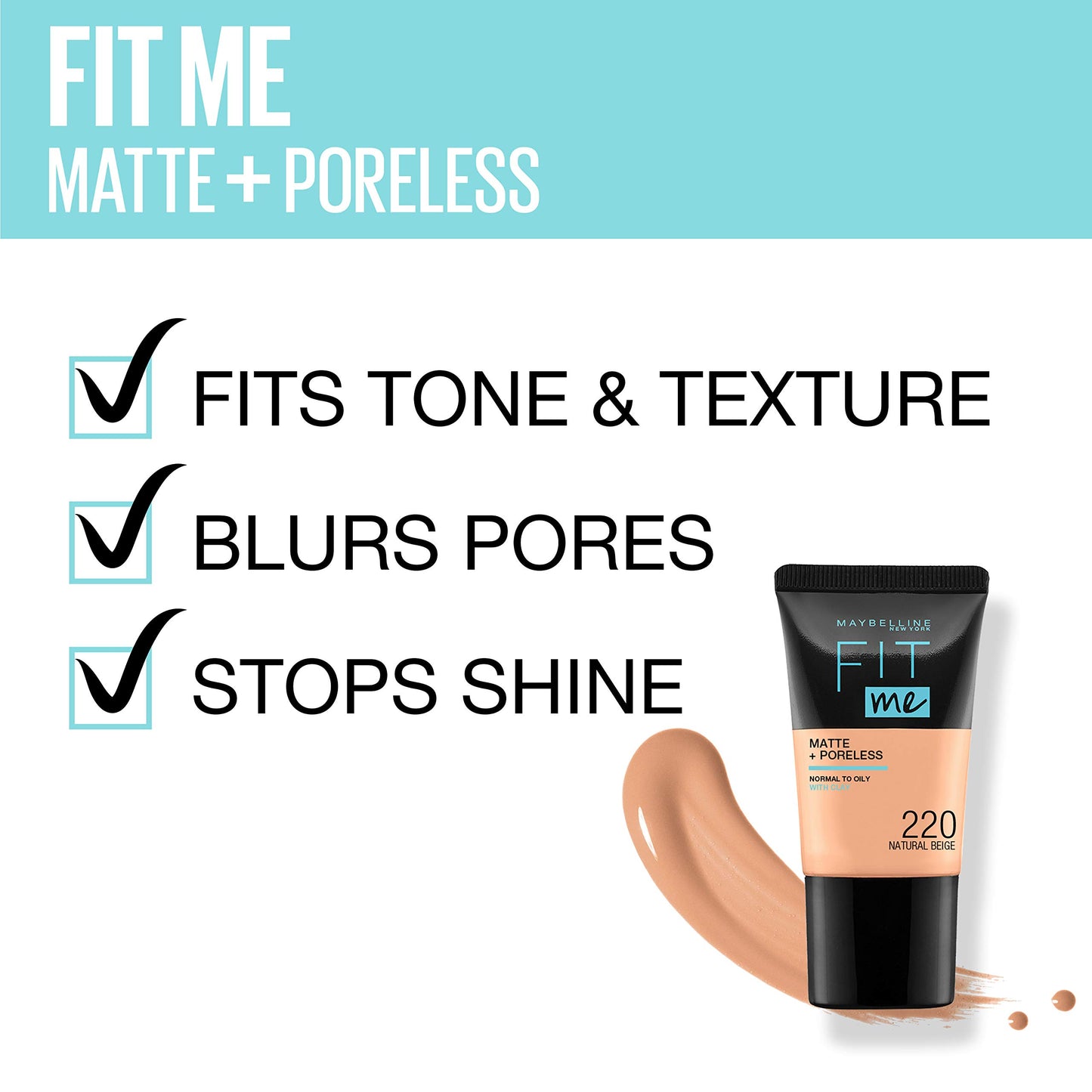 Maybelline New York Liquid Foundation, Matte & Poreless, Full Coverage Blendable Normal to Oily Skin, Fit Me, 220 Natural Beige, 18ml
