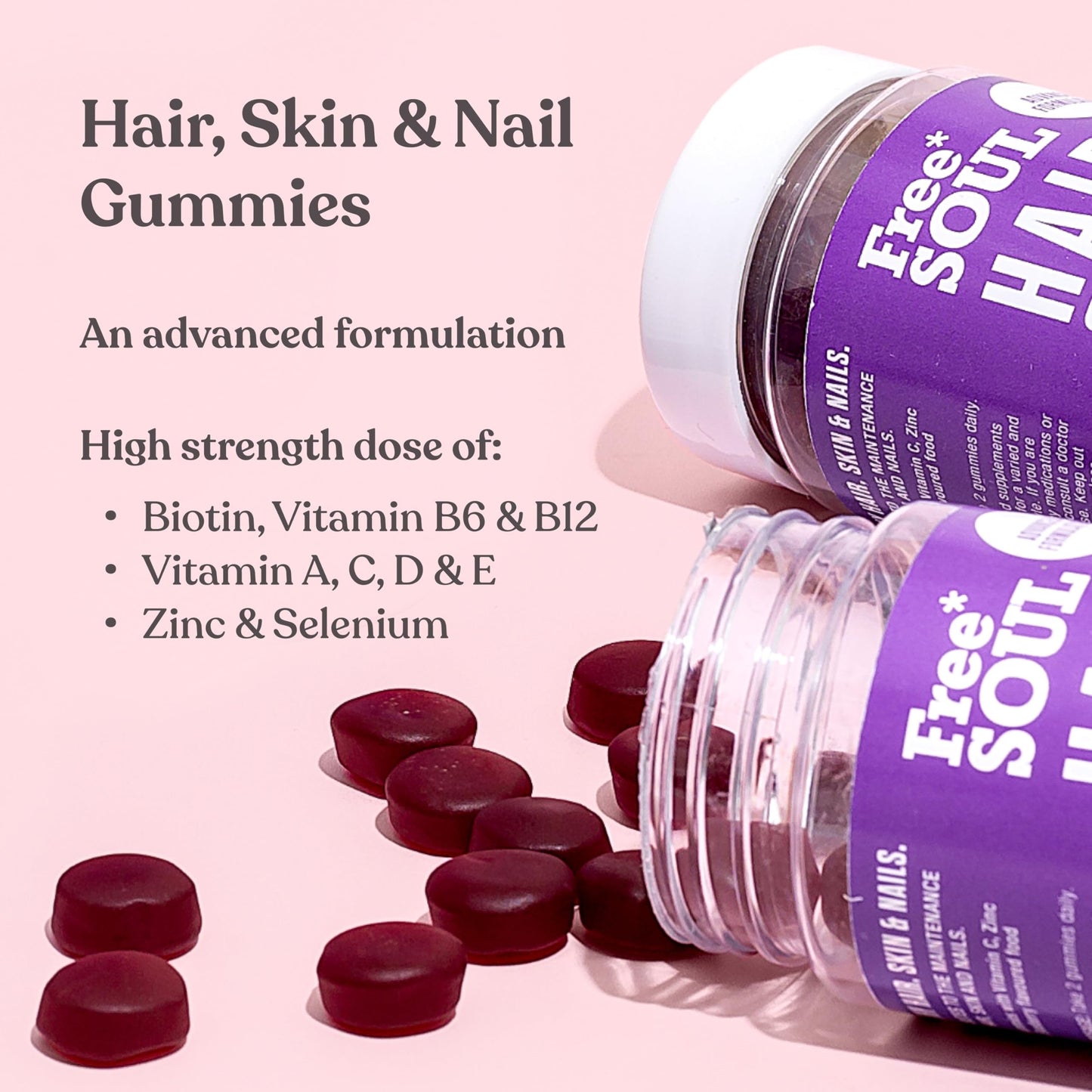 Free Soul Biotin Hair Supplement – Hair, Skin, & Nails Gummies – Delicious Chewable Hair Skin and Nails Vitamins – Biotin Enhanced with Vitamins B6, B12, Zinc, Selenium, E, A, C & D – 60 Gummies