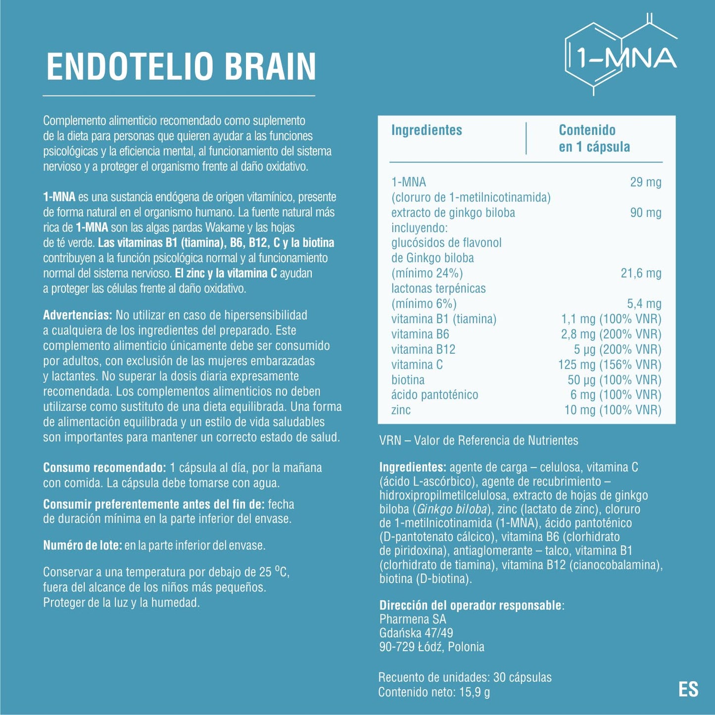 ENDOTELIO Endotelio Brain 1-MNA, Anti Aging, Optimizing NAD+, Ginkgo Biloba, Zinc, Biotin, Vitamin C and B Complex, Biohacking Supplement, Memory, Focus, Mood, Enhanced Bioavailability, 30 Caps